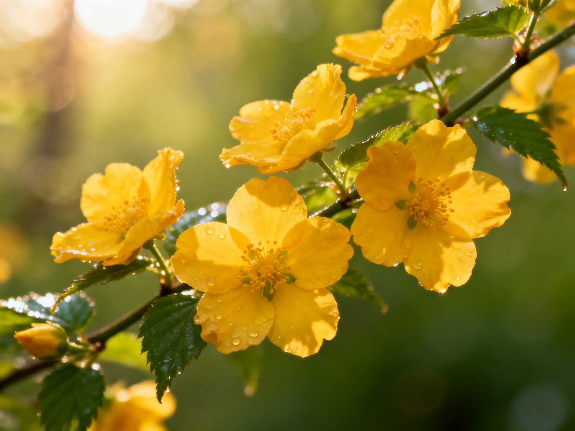 Bright yellow flowers with dewdrops on green leafy branches