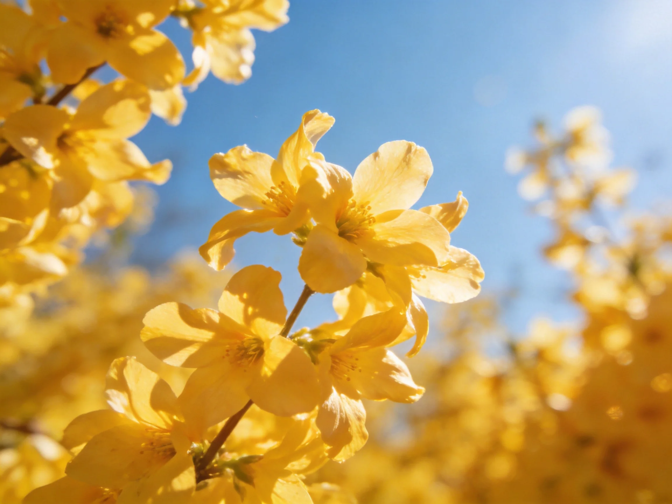 Bright yellow forsythia blooms against a clear blue sky