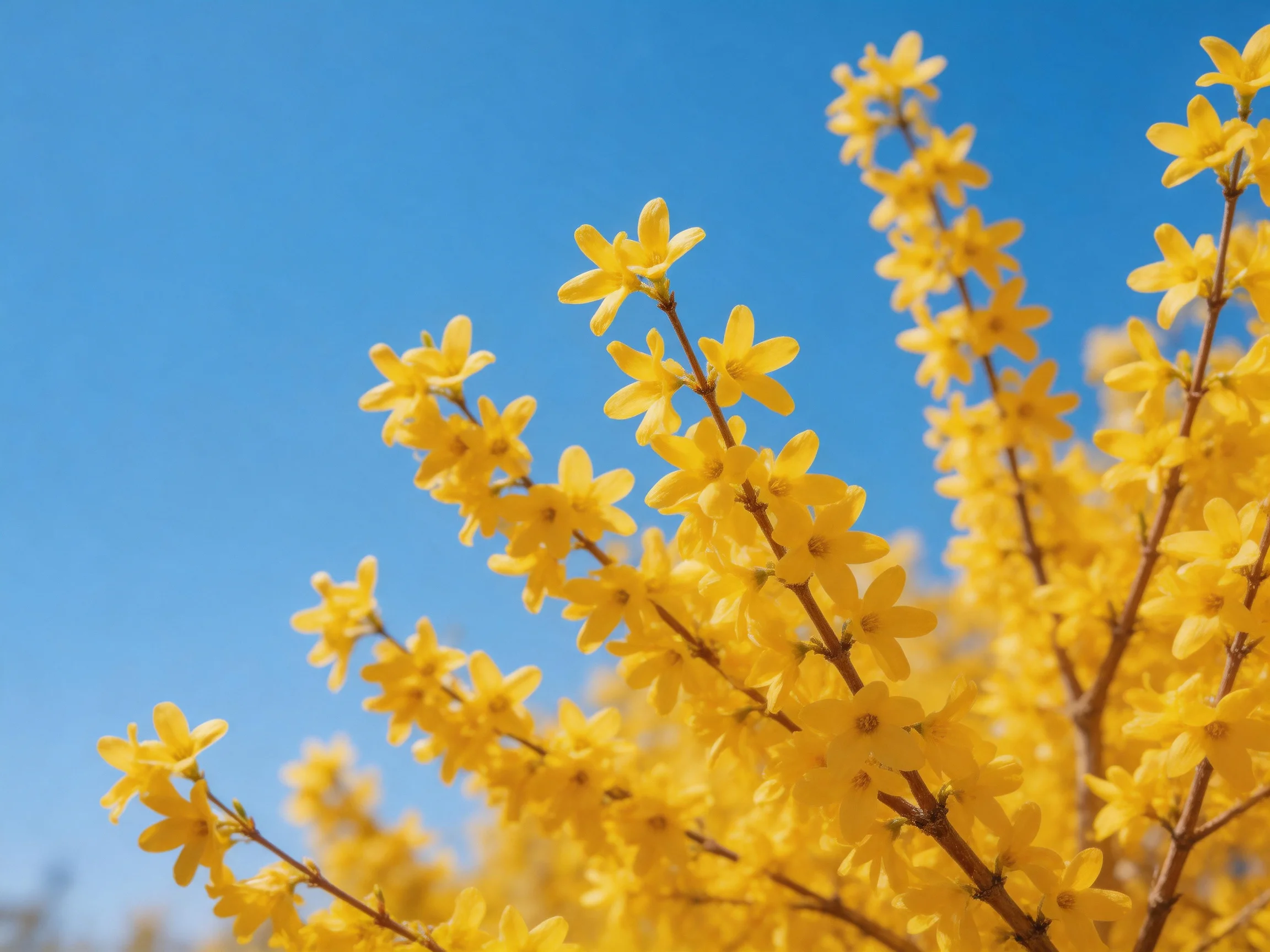 Bright yellow forsythia blooms against a clear blue sky
