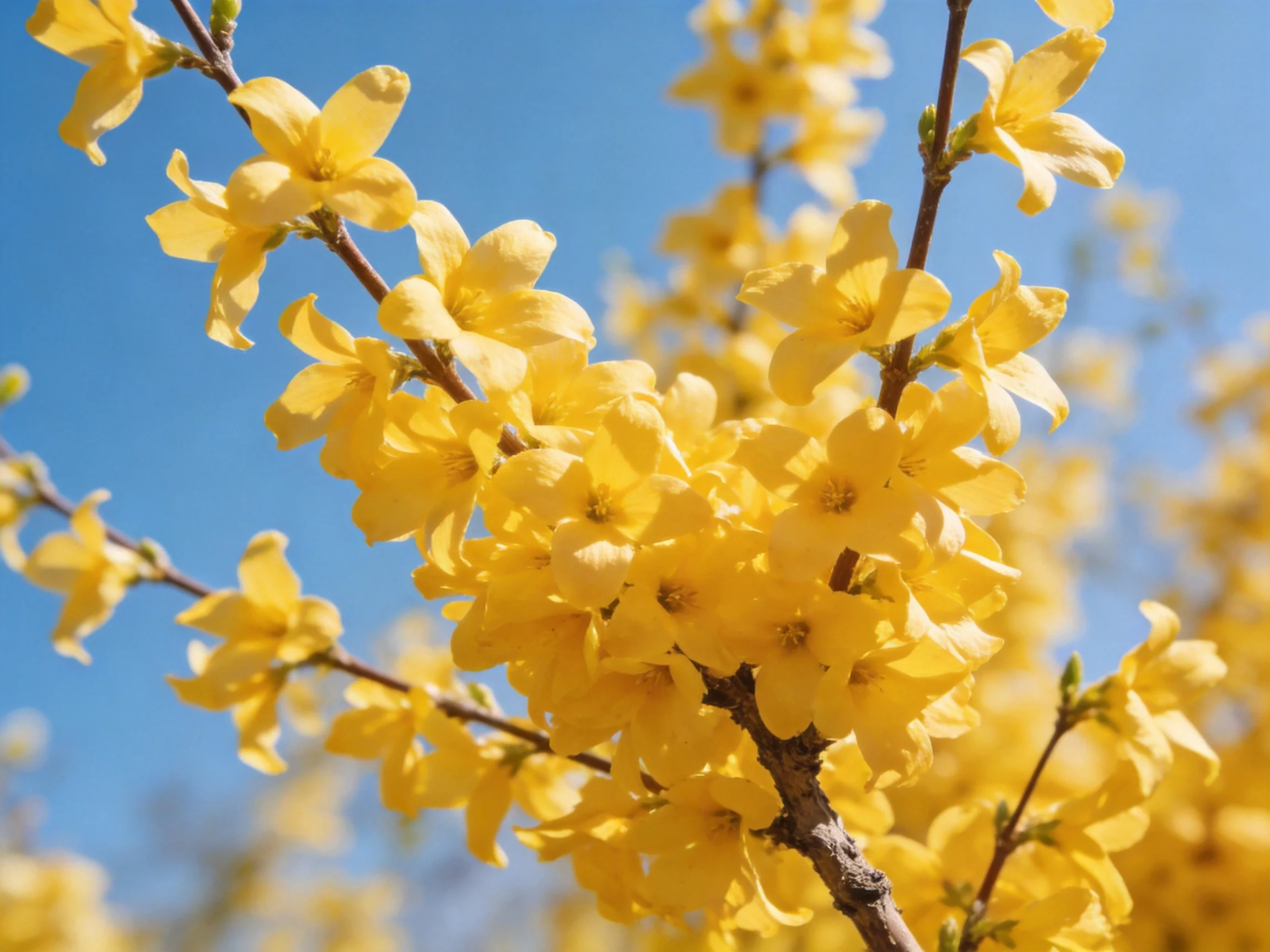 Bright yellow forsythia blossoms cluster on branches under clear blue sky