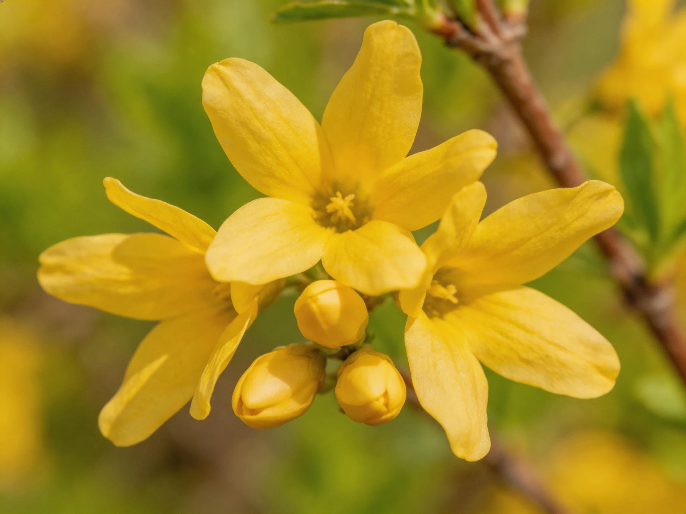 Bright yellow forsythia flowers cluster with unopened buds
