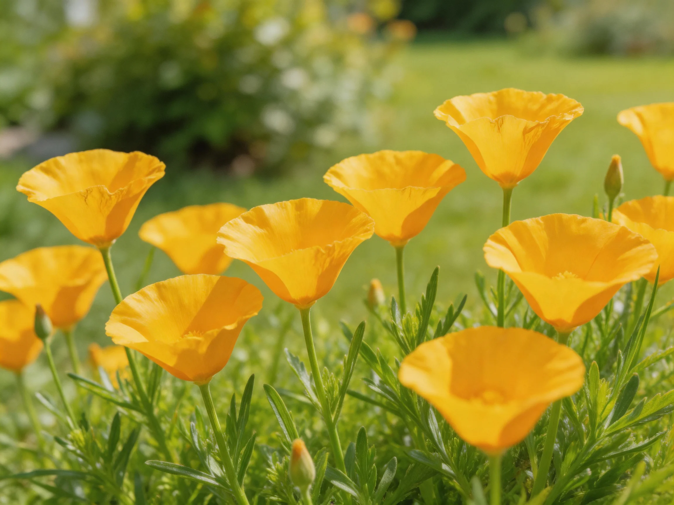 Bright yellow poppies bloom abundantly among lush green foliage