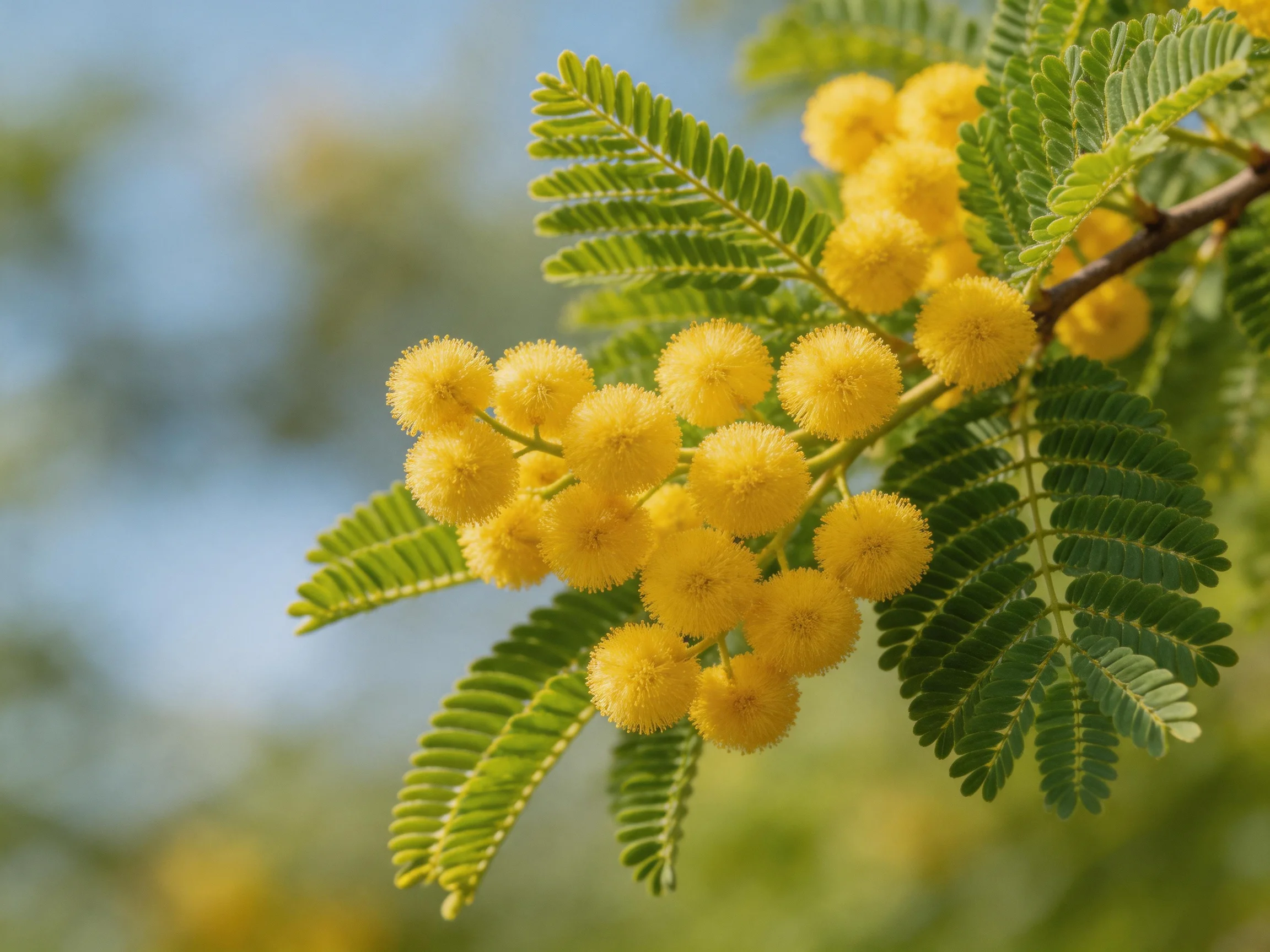 Bright yellow spherical flowers cluster on a branch with feathery greenleaves