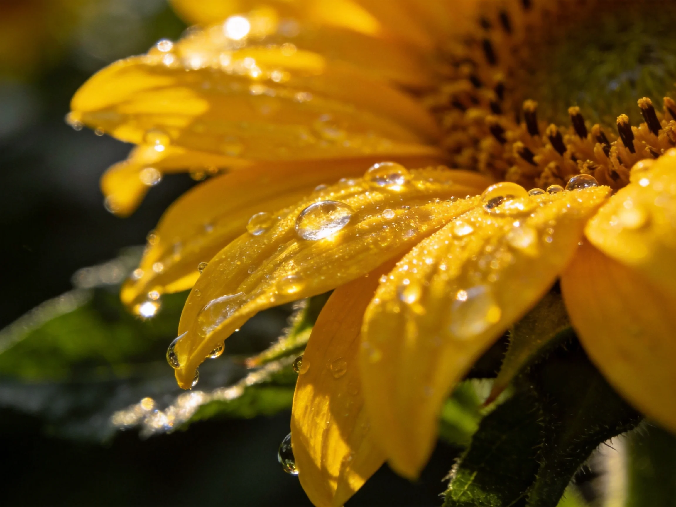 Bright yellow sunflower petals adorned with glistening dewdrops under sunlight