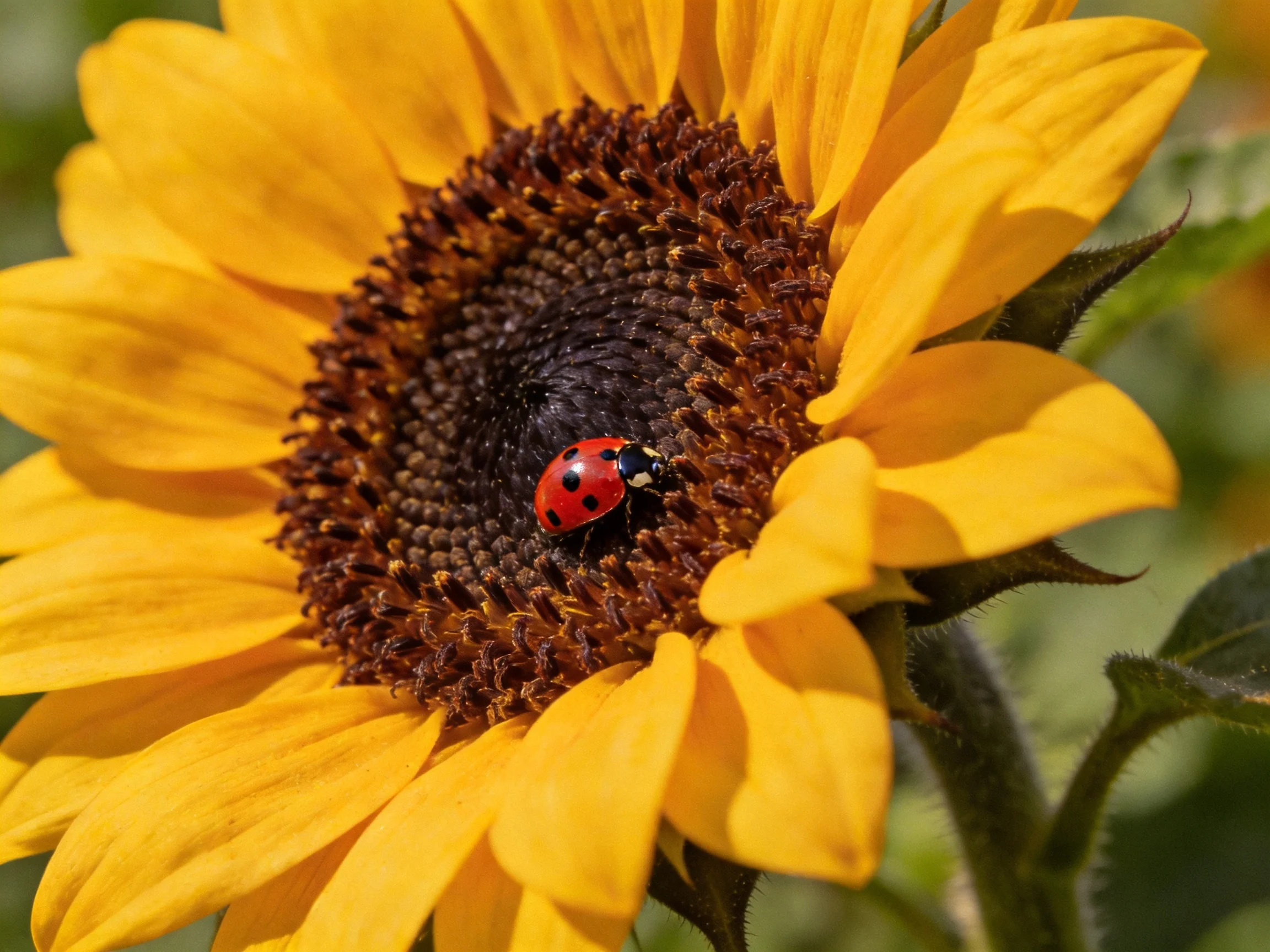 Bright yellow sunflower with a red-spotted ladybug on its dark center