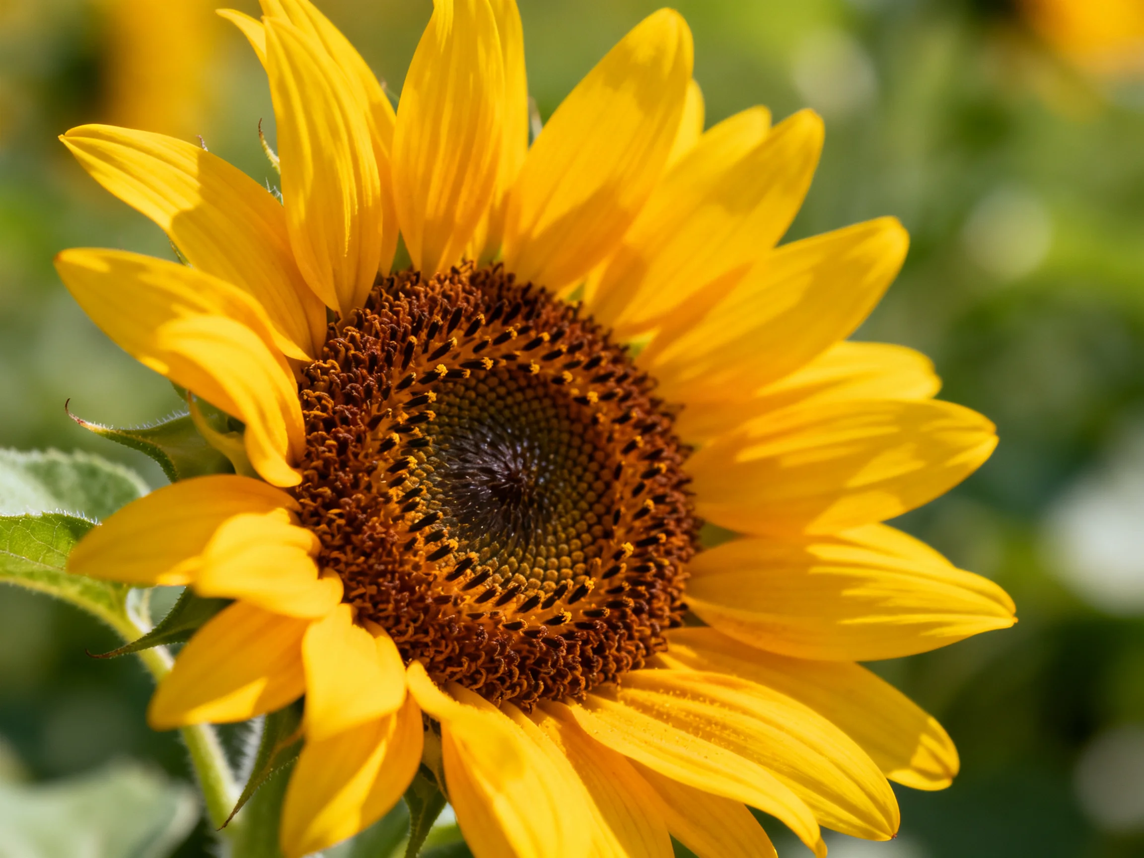 Close-up of a sunflower with vivid yellow petals and a textured brown center.