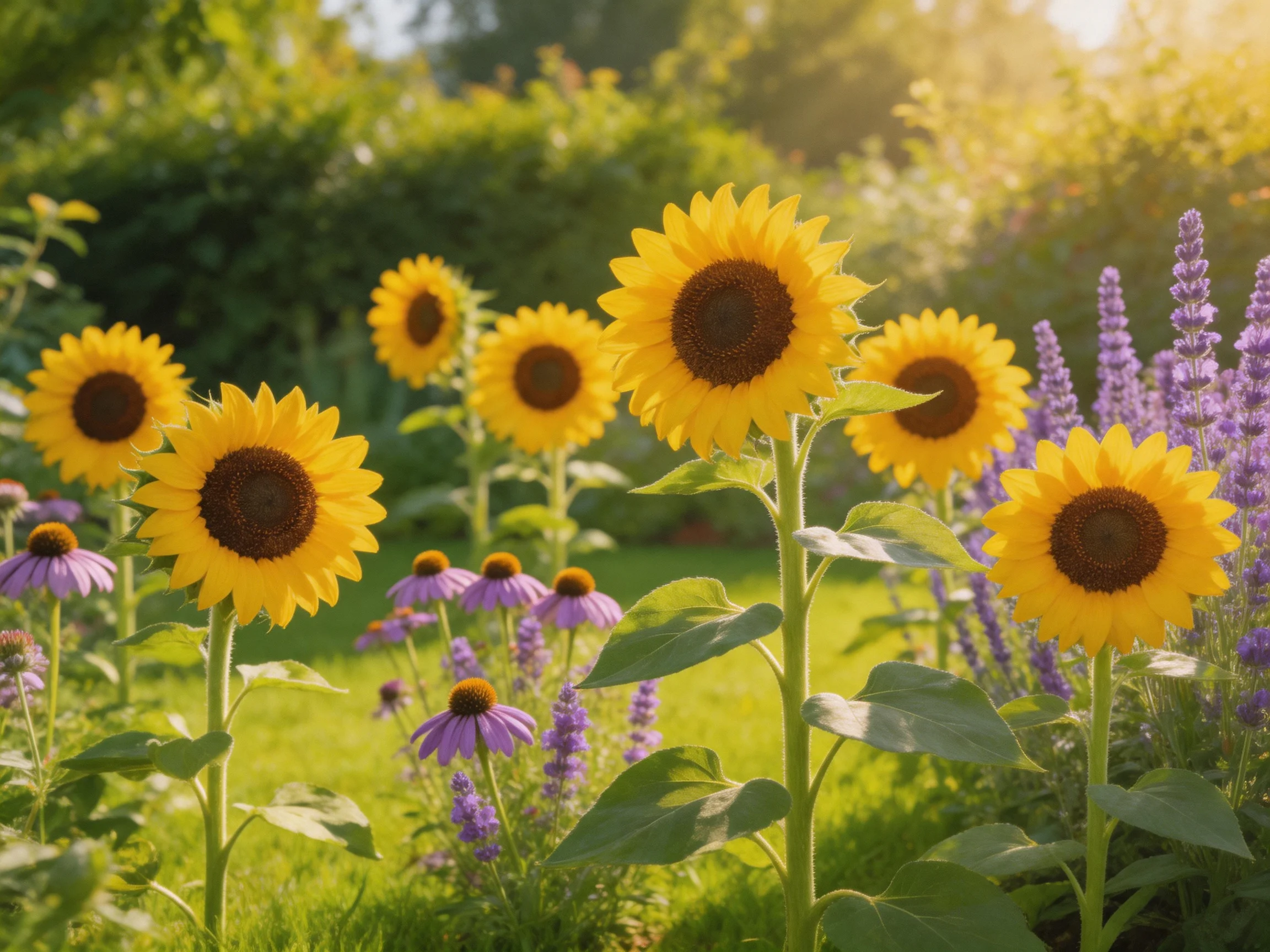 Bright yellow sunflowers amid purple flowers in a sunlit garden