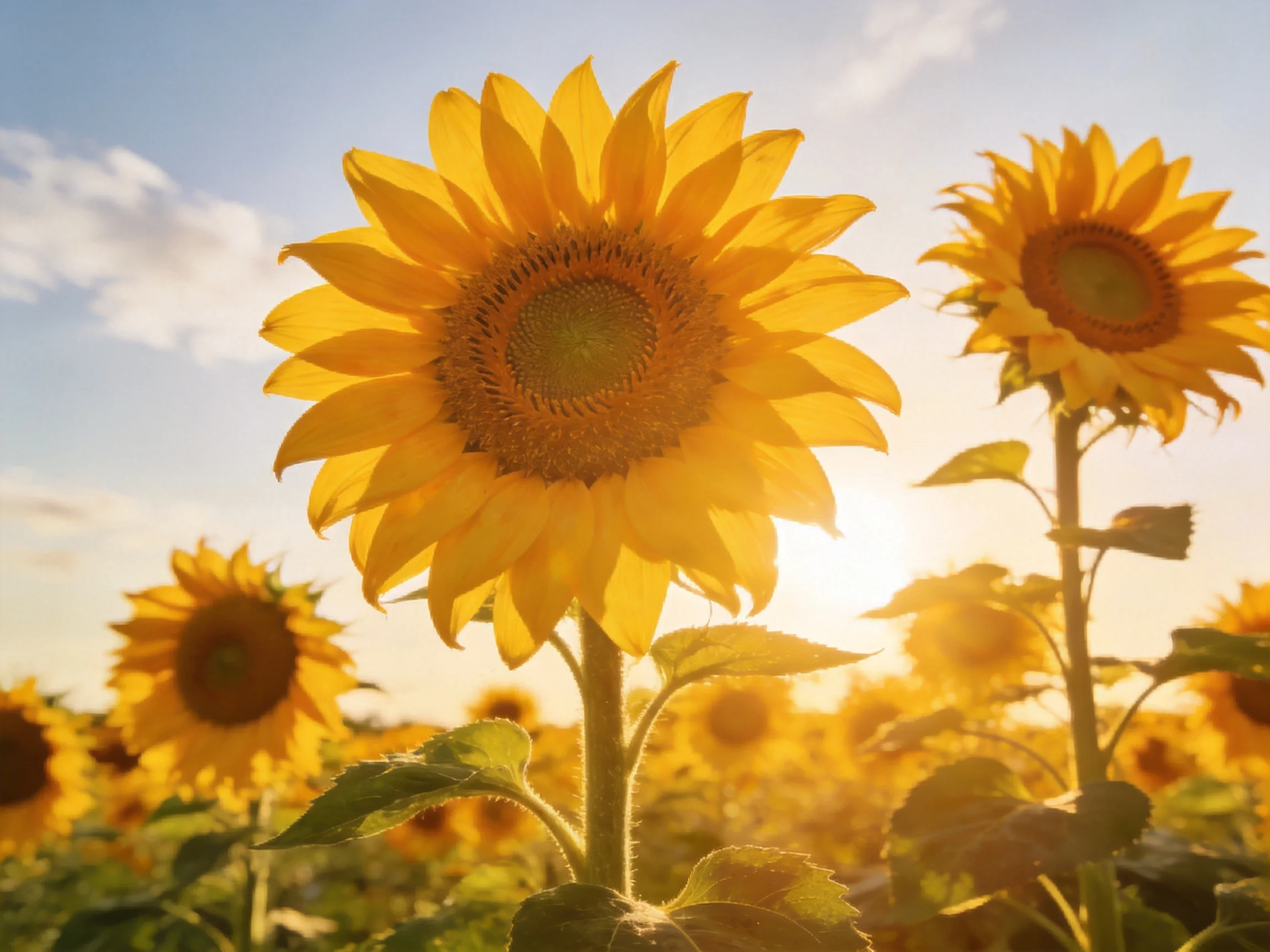 Bright yellow sunflowers bloom in a sunlit field under clear skies