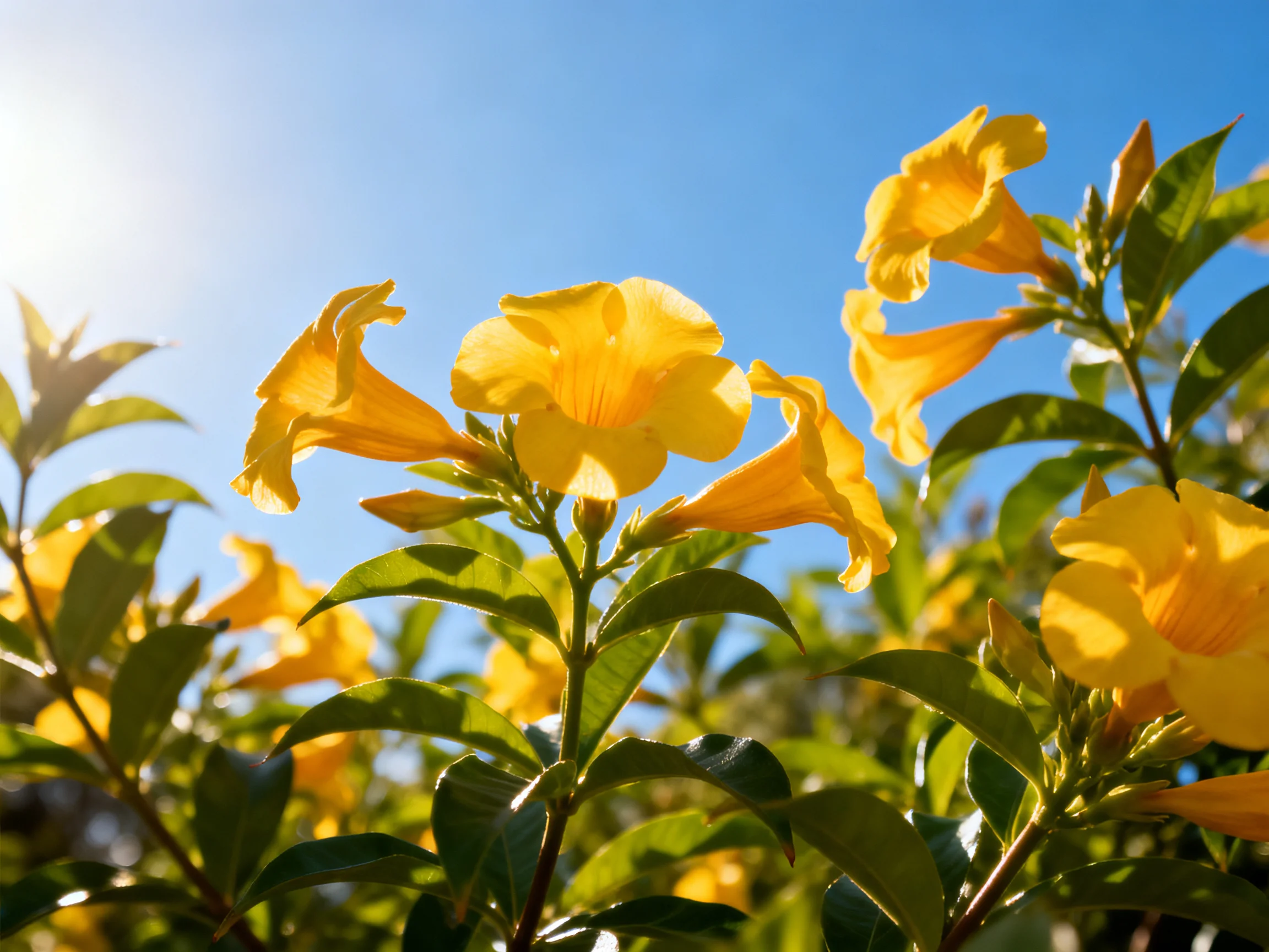 Yellow trumpet flowers bloom under a clear blue sky with sunlight