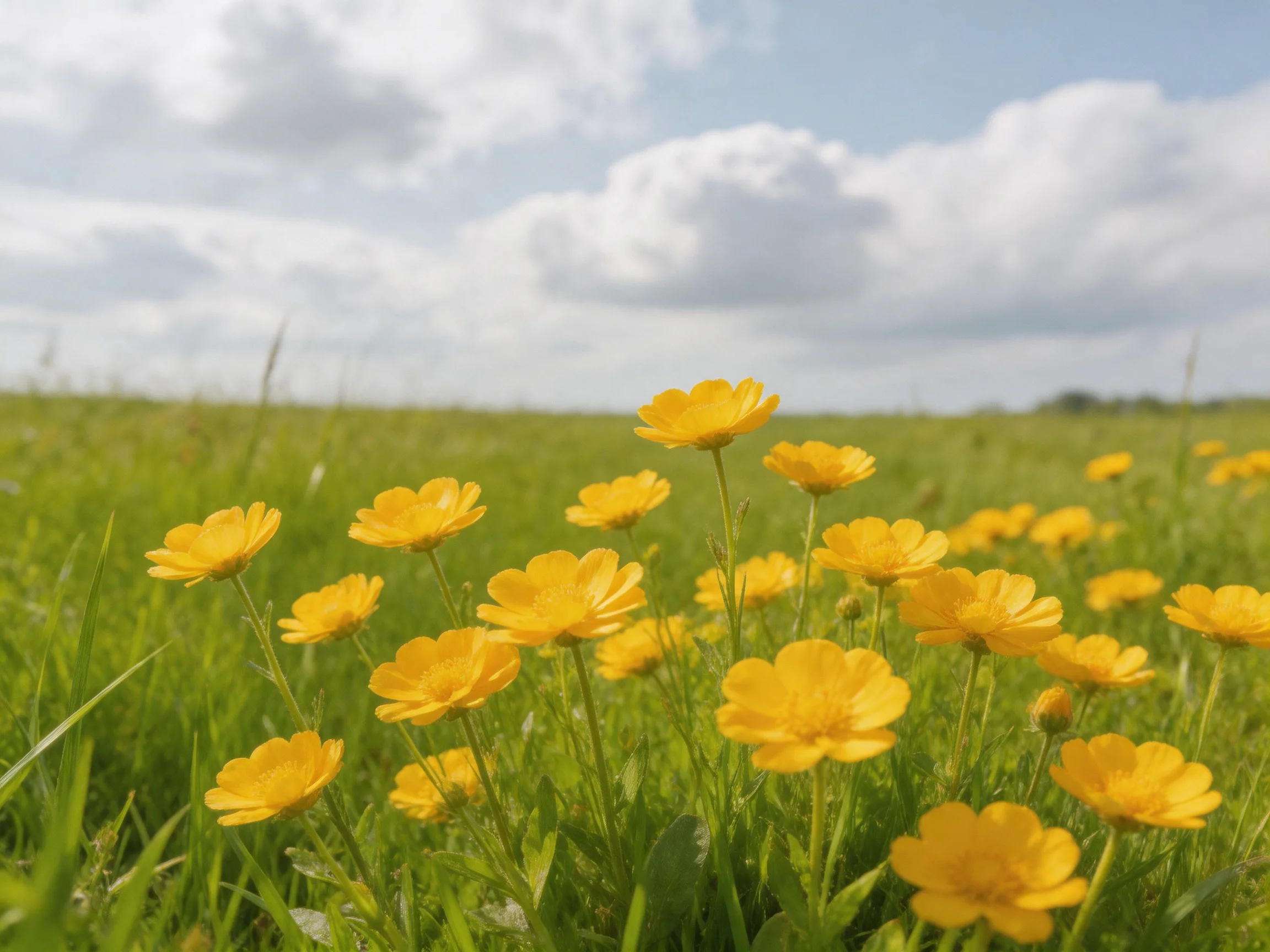 Bright yellow wildflowers bloom in a lush green meadow under cloudy skies