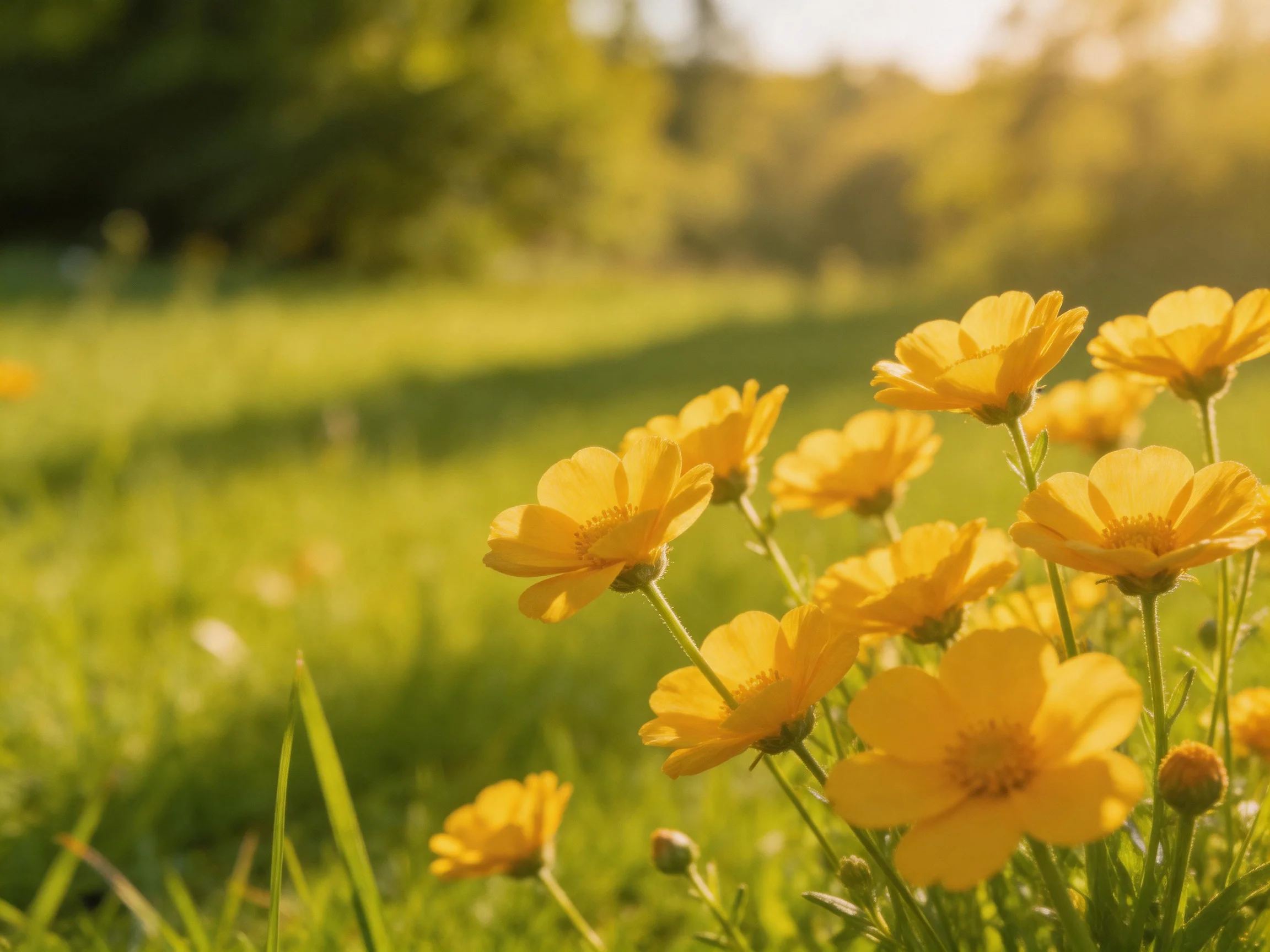 Bright yellow wildflowers bloom in a sun-drenched green meadow
