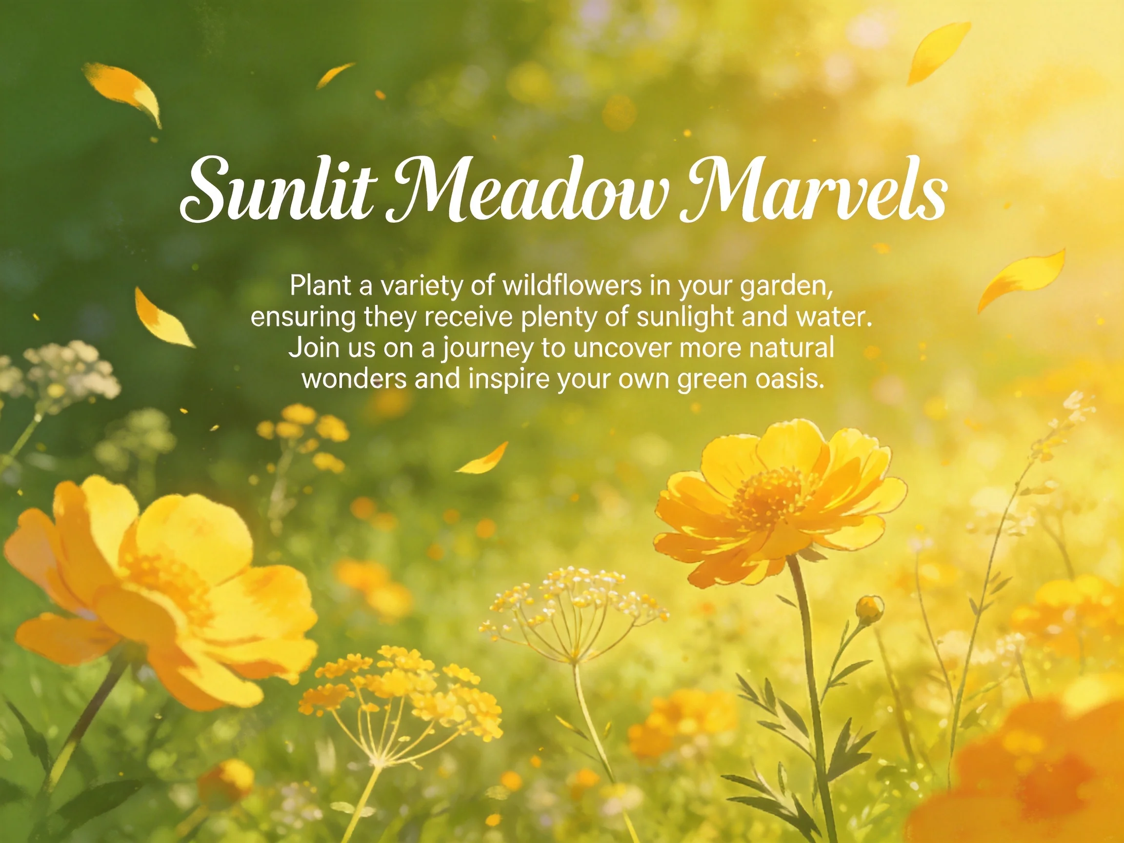 Bright yellow wildflowers bloom in a sunlit green meadow