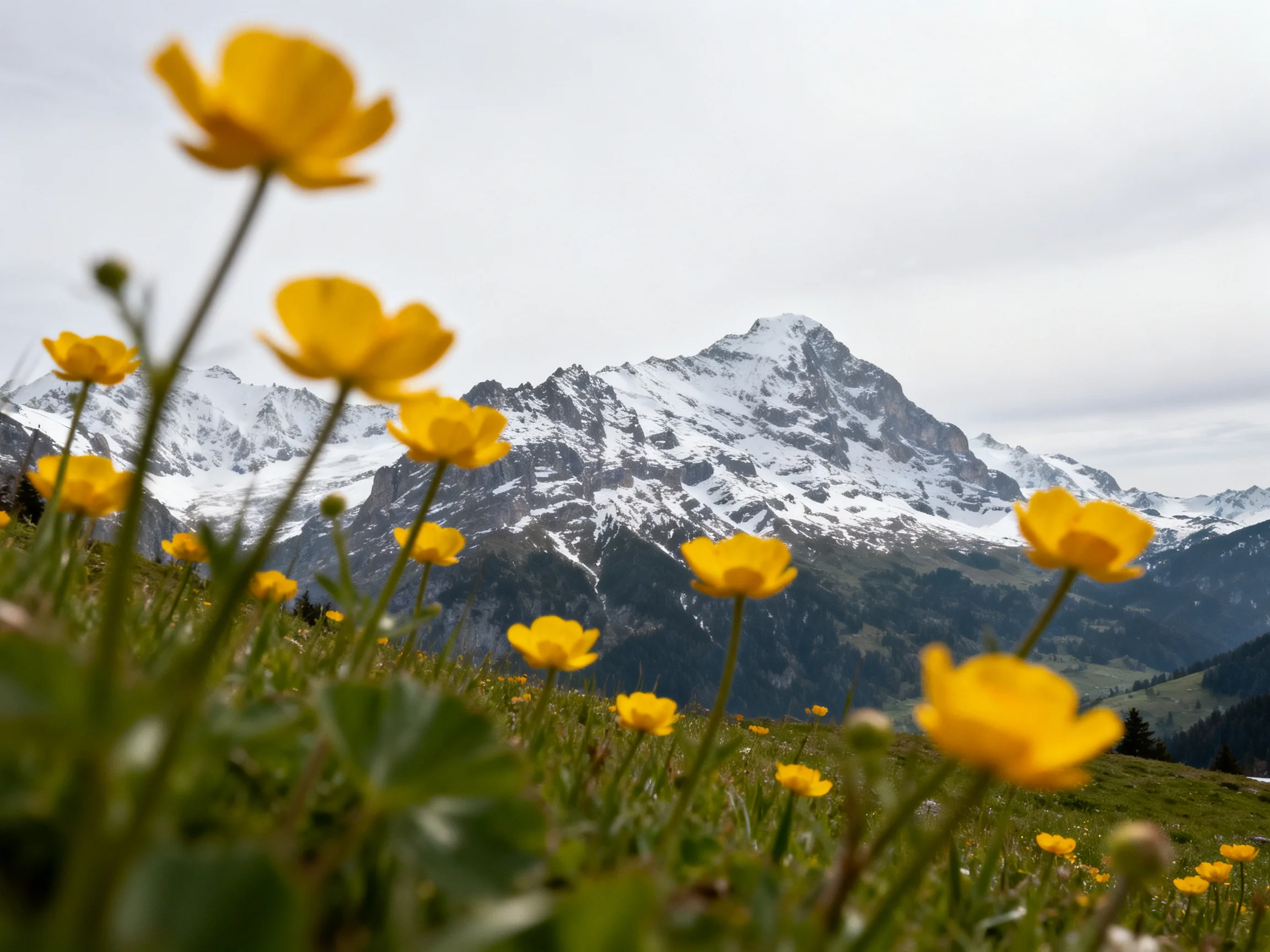 Bright yellow wildflowers bloom near snow-capped mountain peaks