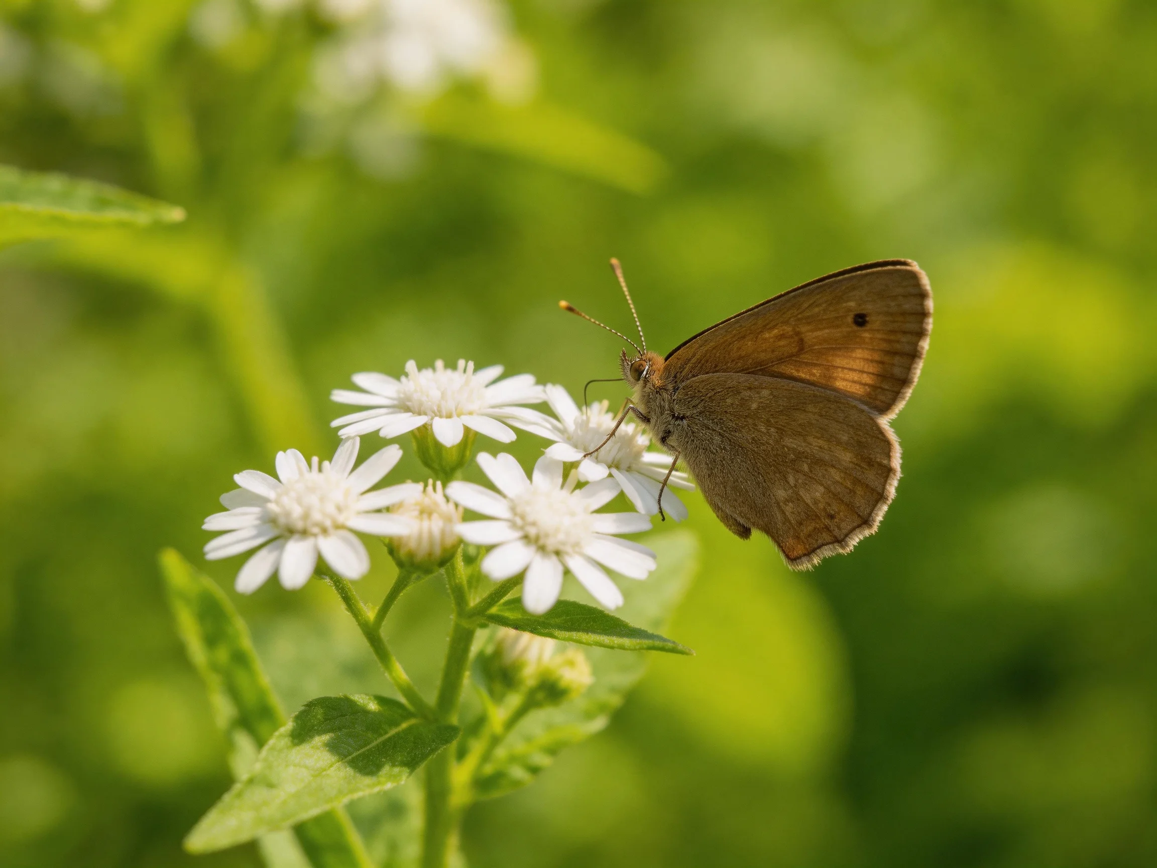 Brown butterfly feeding on white flowers with green foliage