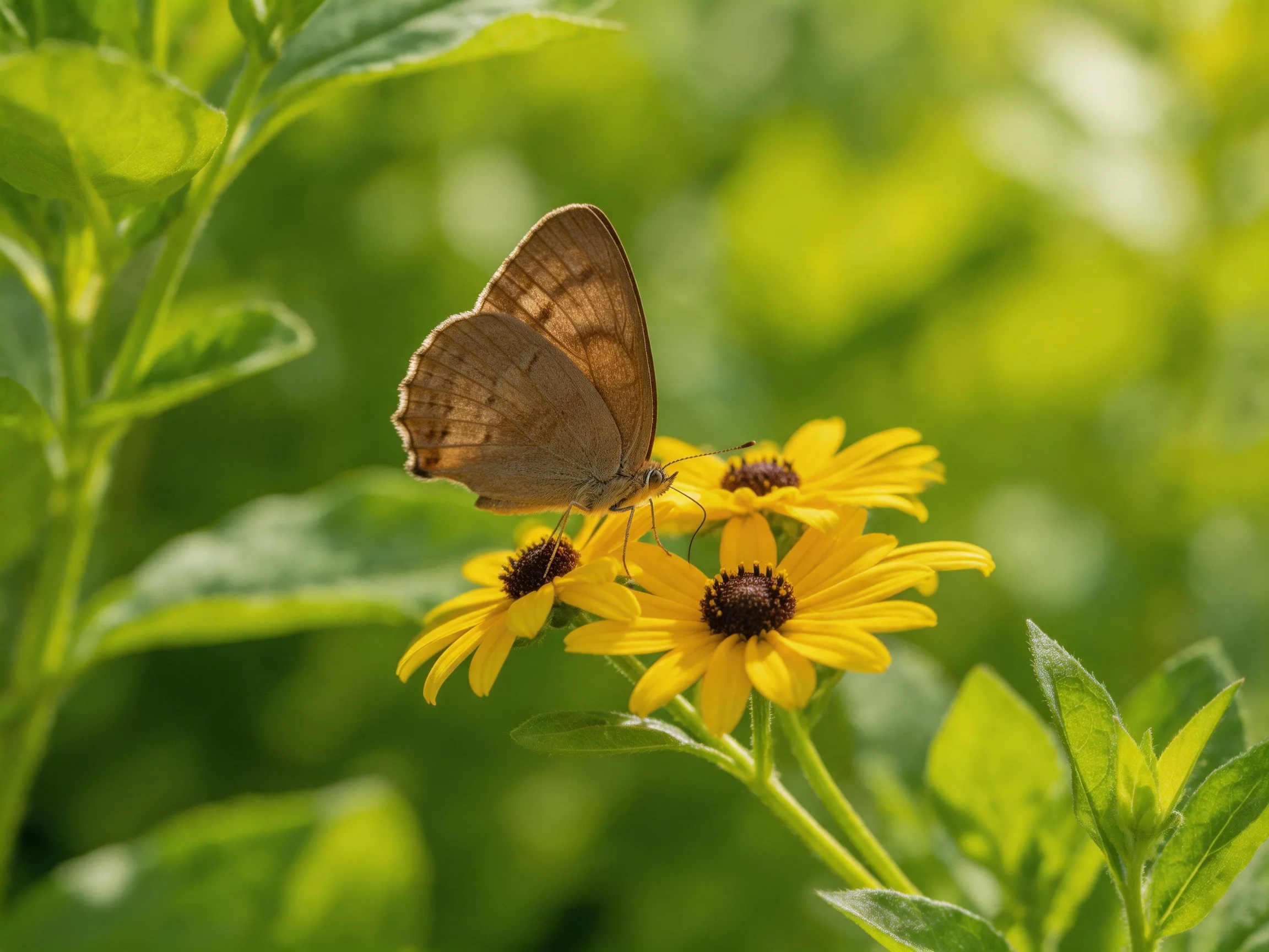 Brown butterfly perched on bright yellow flowers amidst green foliage