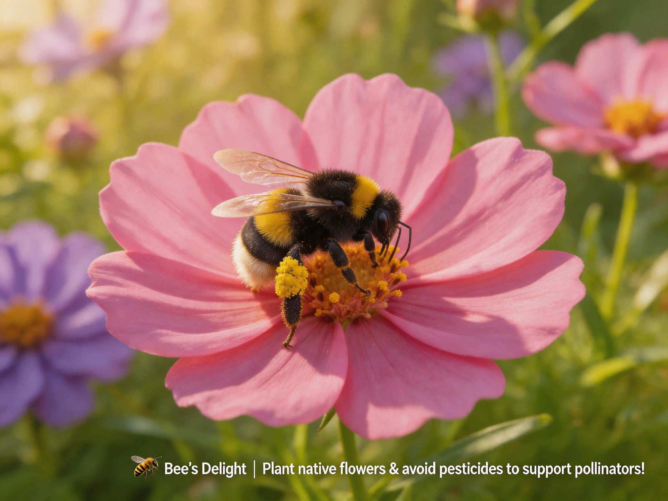 Bumblebee pollinating vibrant pink flower amid green foliage