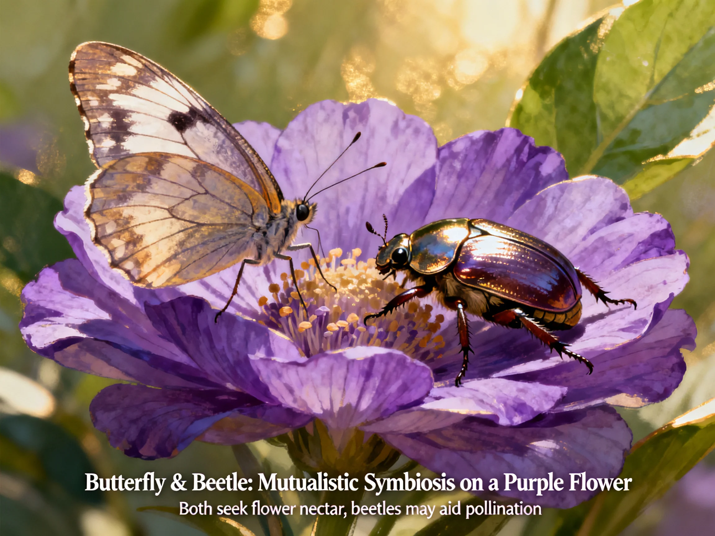Butterfly & Beetle: Mutualistic Symbiosis on a Purple Flower