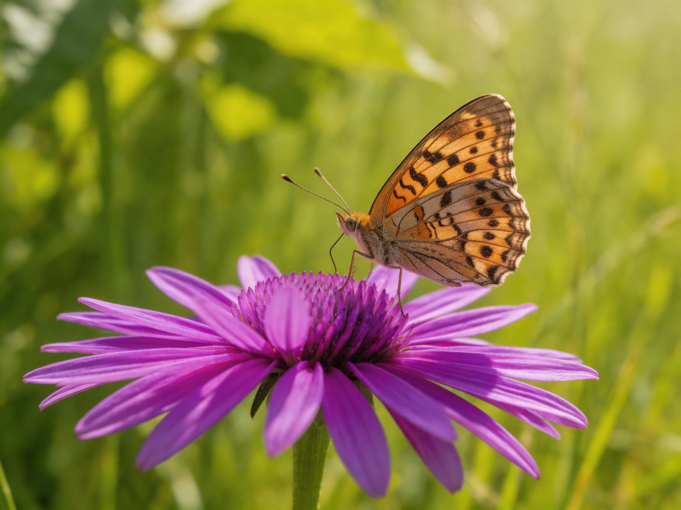 Butterfly rests on a vivid purple flower amid lush greenery