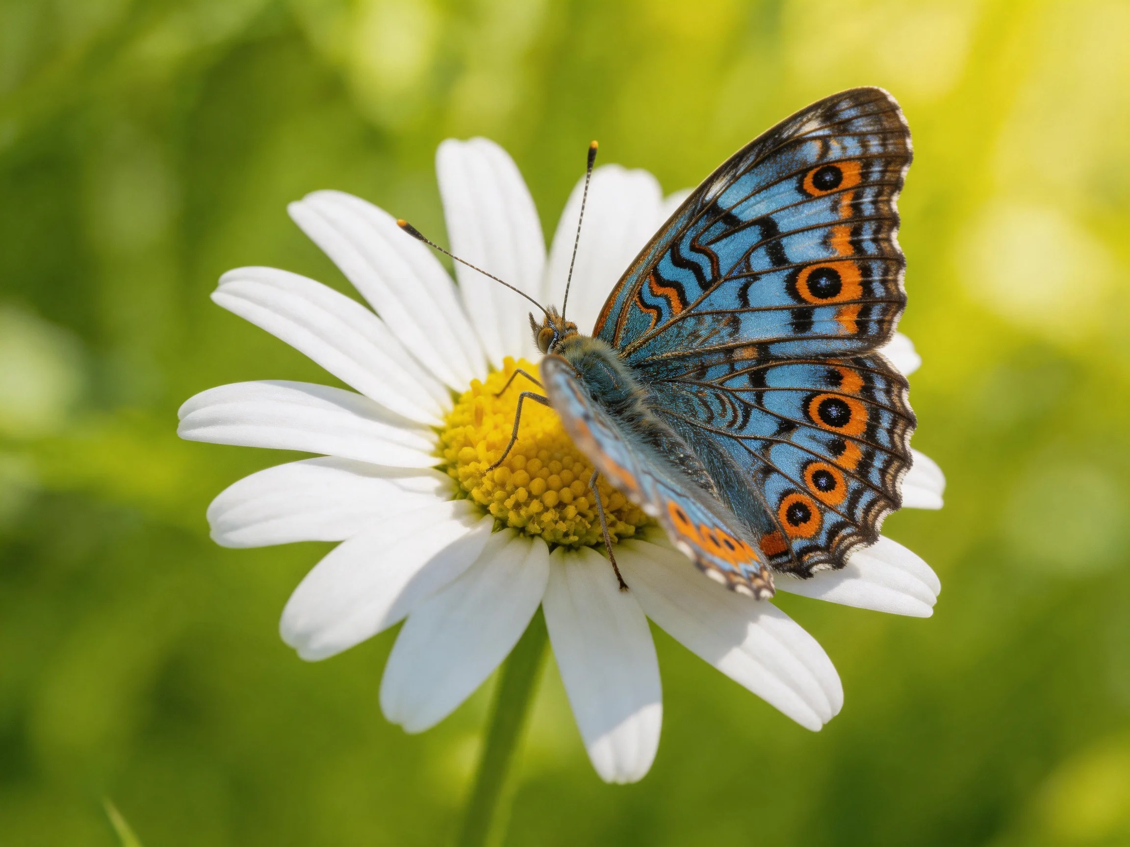 Butterfly with blue-orange wings resting on a white daisy