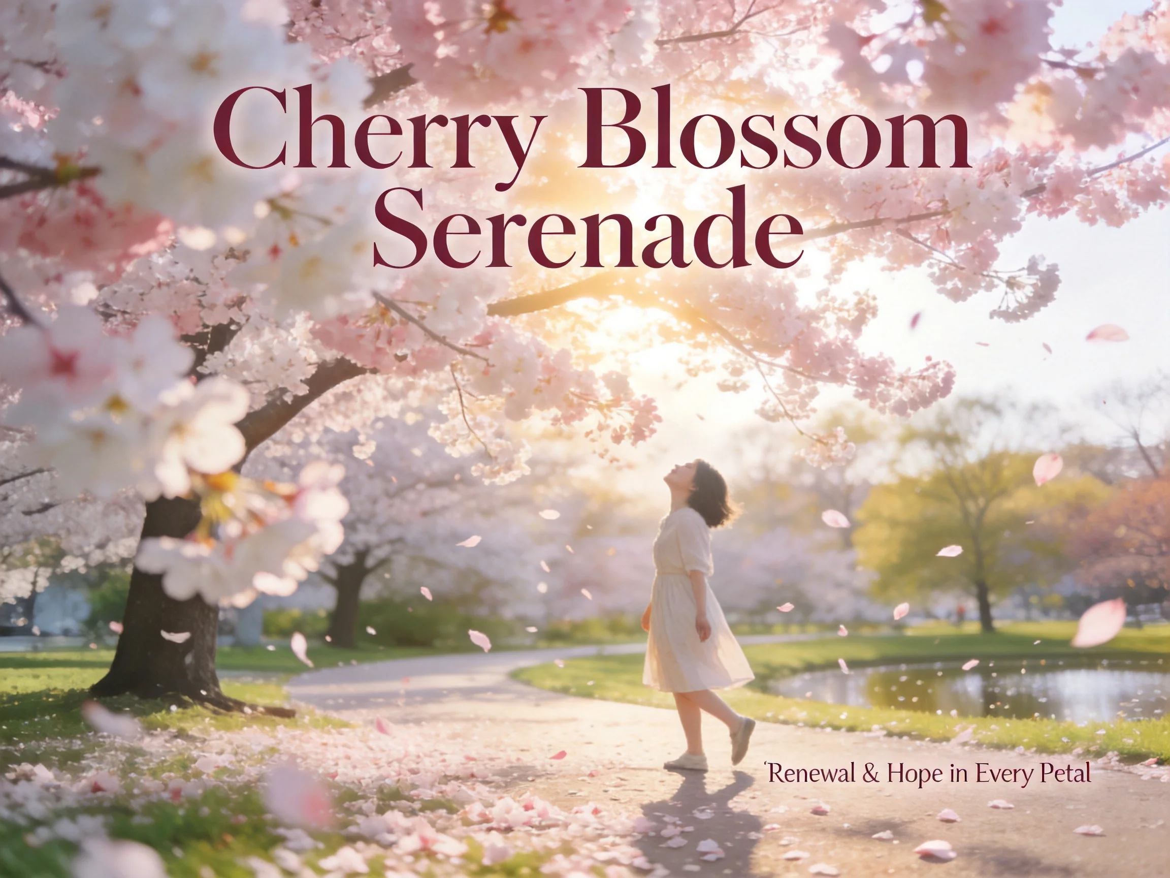 Cherry Blossom Serenade: A Woman Walking Beneath Blooming Cherry Trees