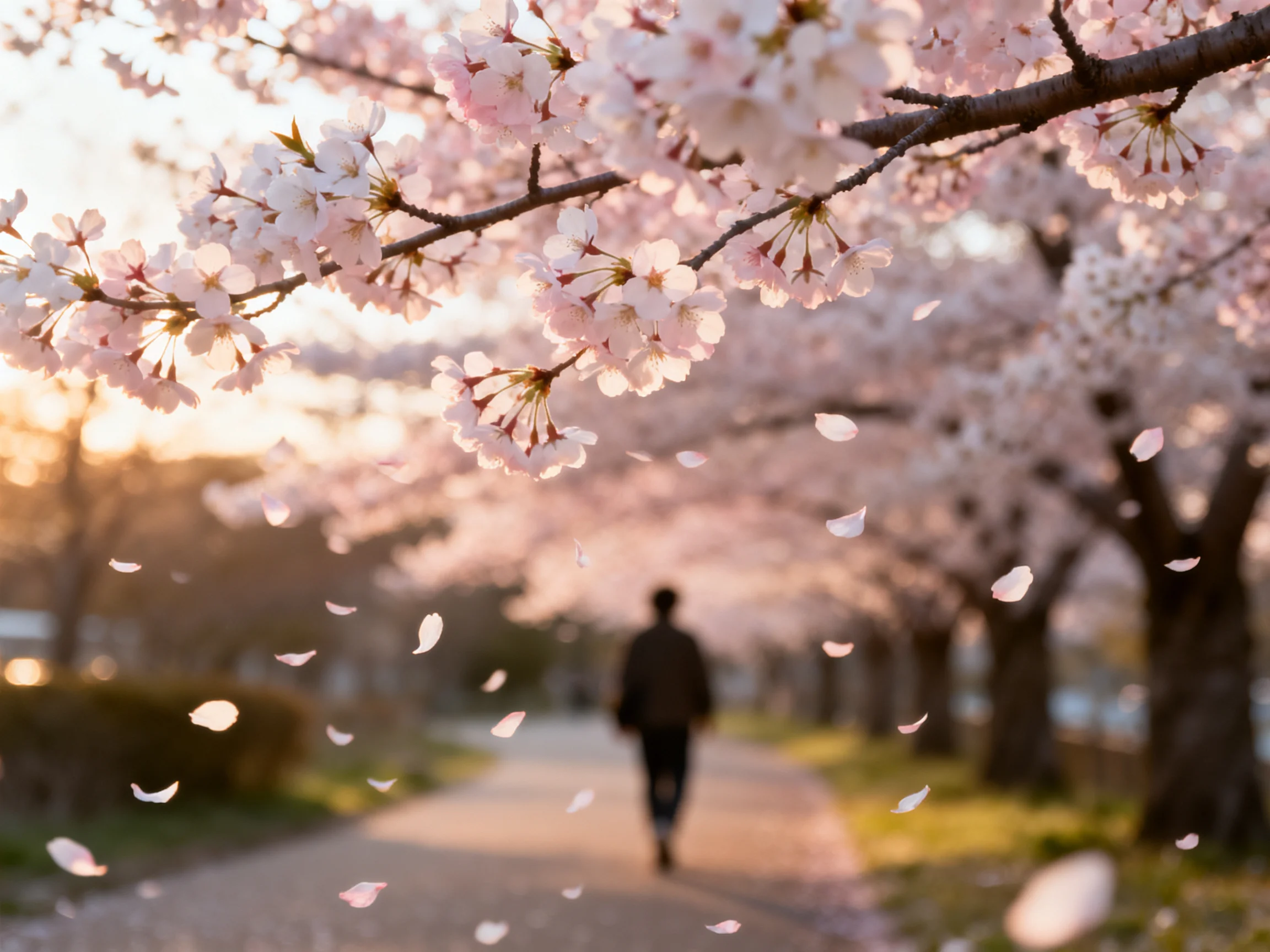 Cherry blossom archway with falling petals along a pathway