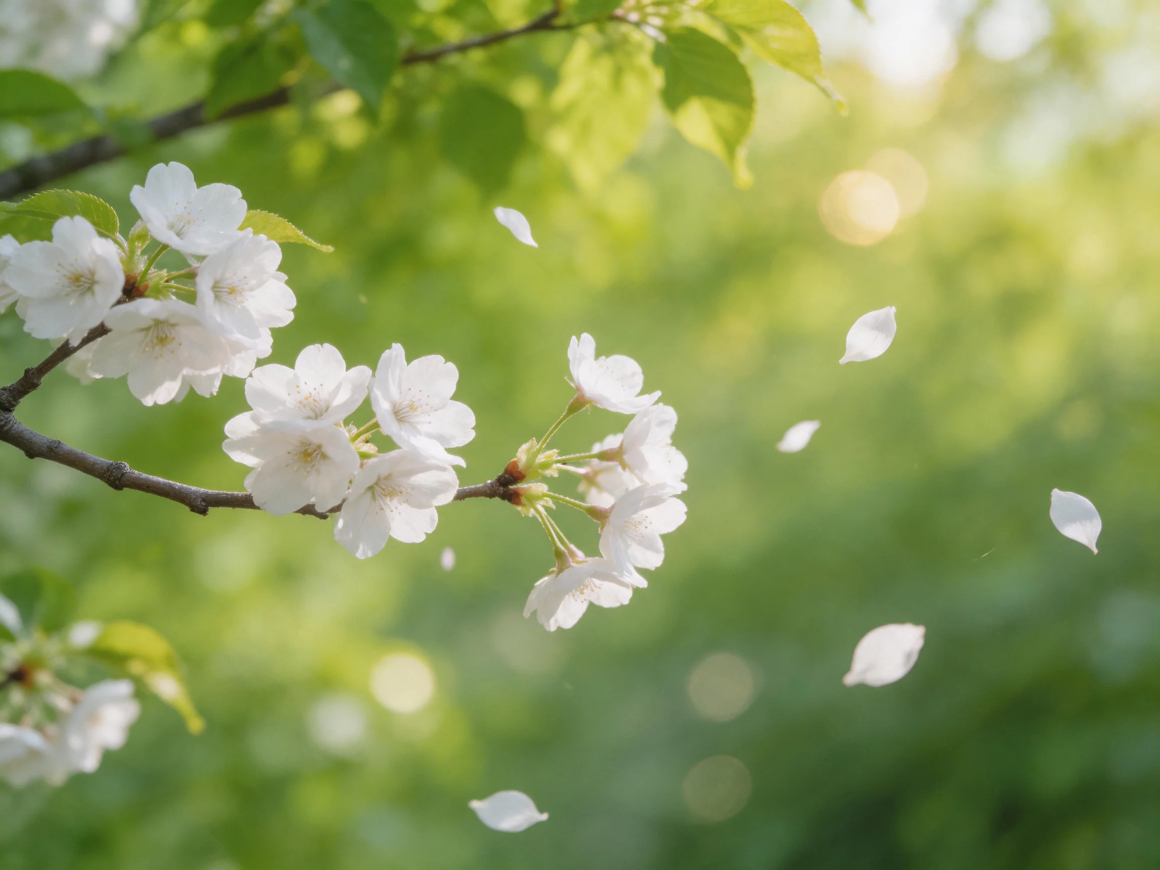 Cherry blossom branches adorned with blooming flowers and falling petals against green foliage