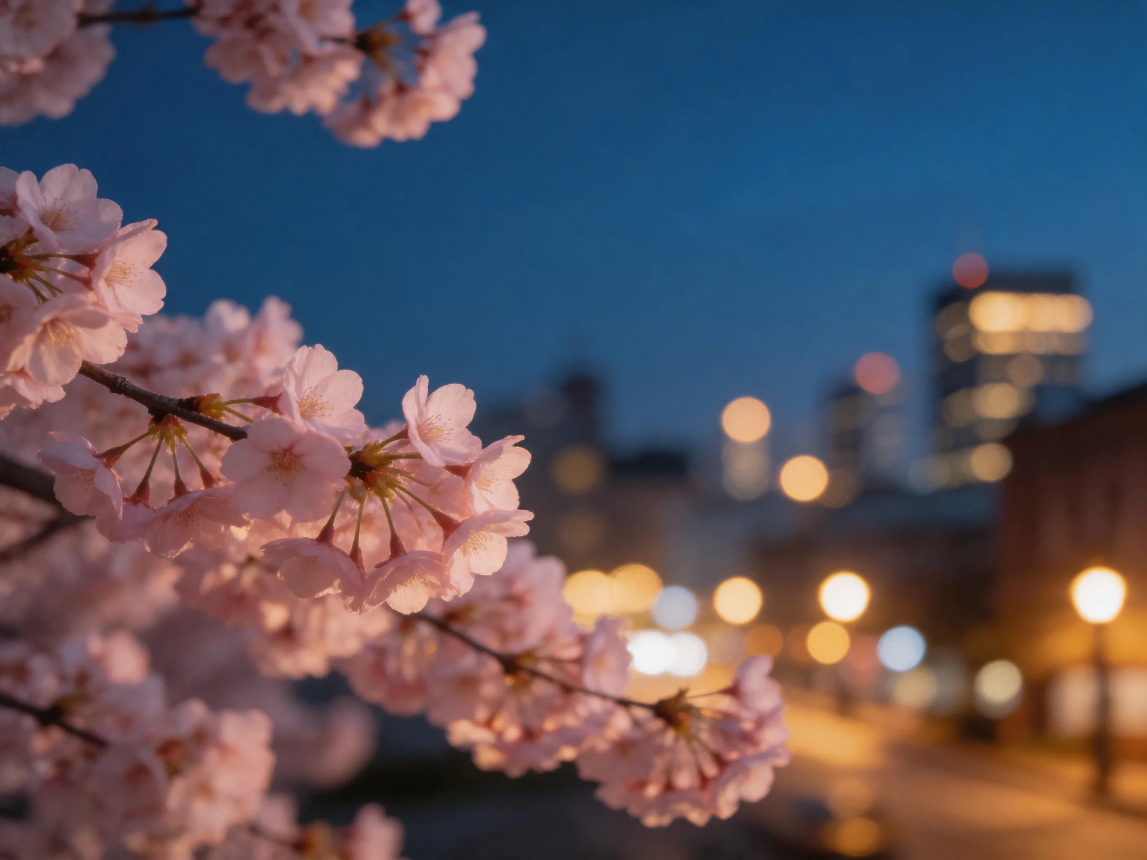Cherry blossom branches against twilight cityscape with glowing streetlights