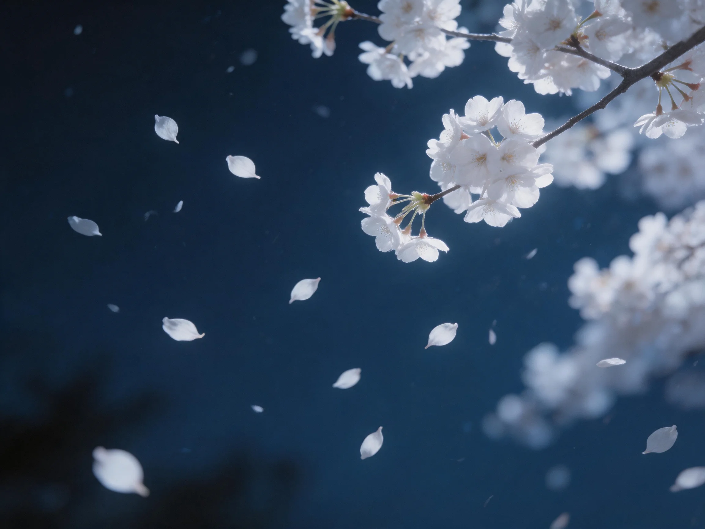 Cherry blossom branches with falling petals against deep blue sky