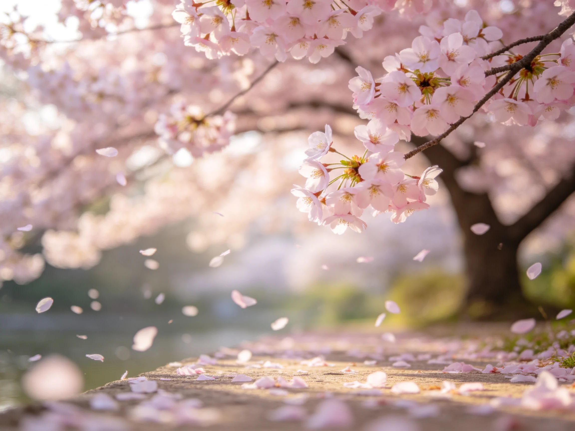 Cherry blossom branches with falling pink petals along a sunlit path