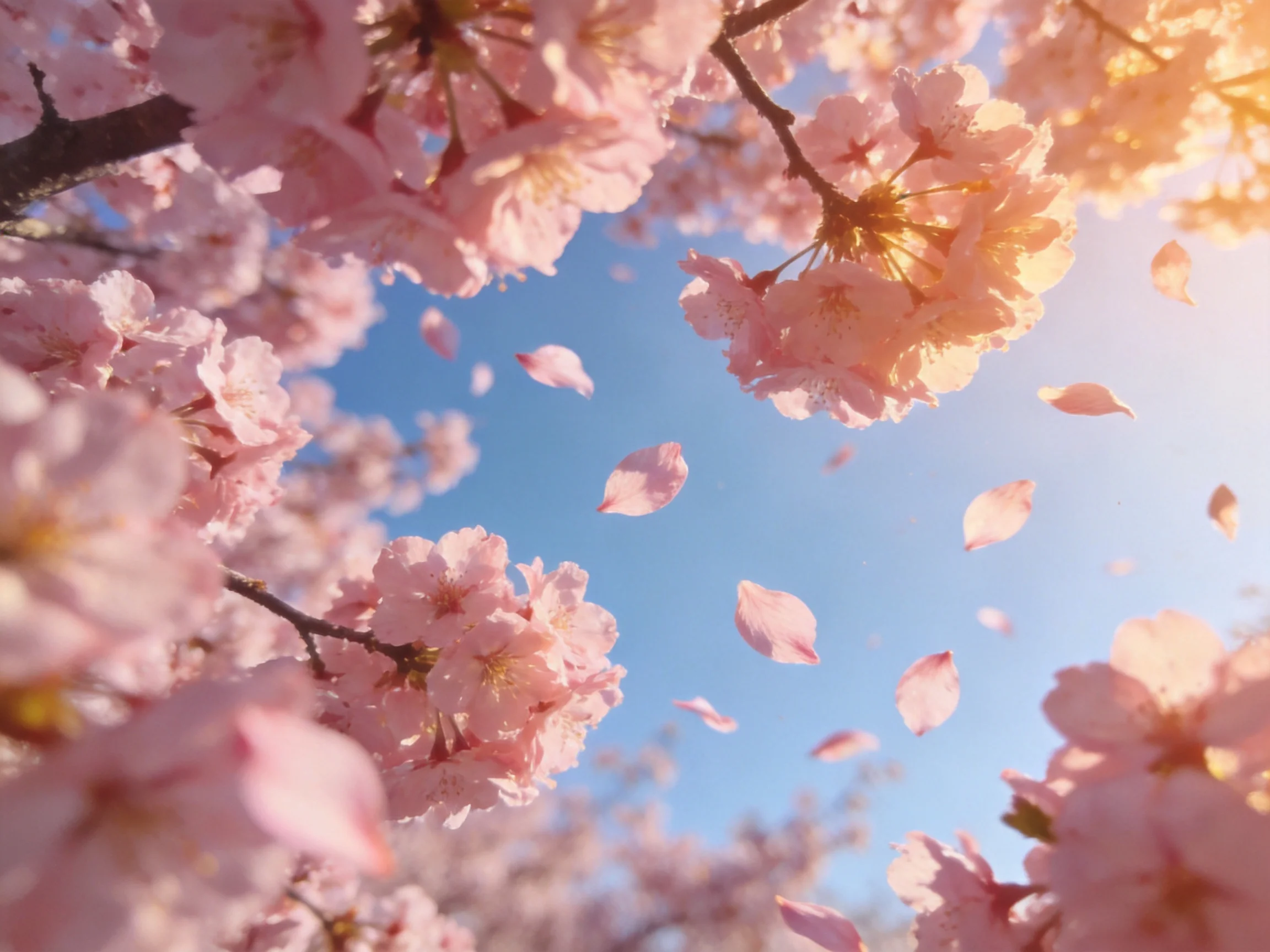 Cherry blossom branches with pink blooms and falling petals against blue sky