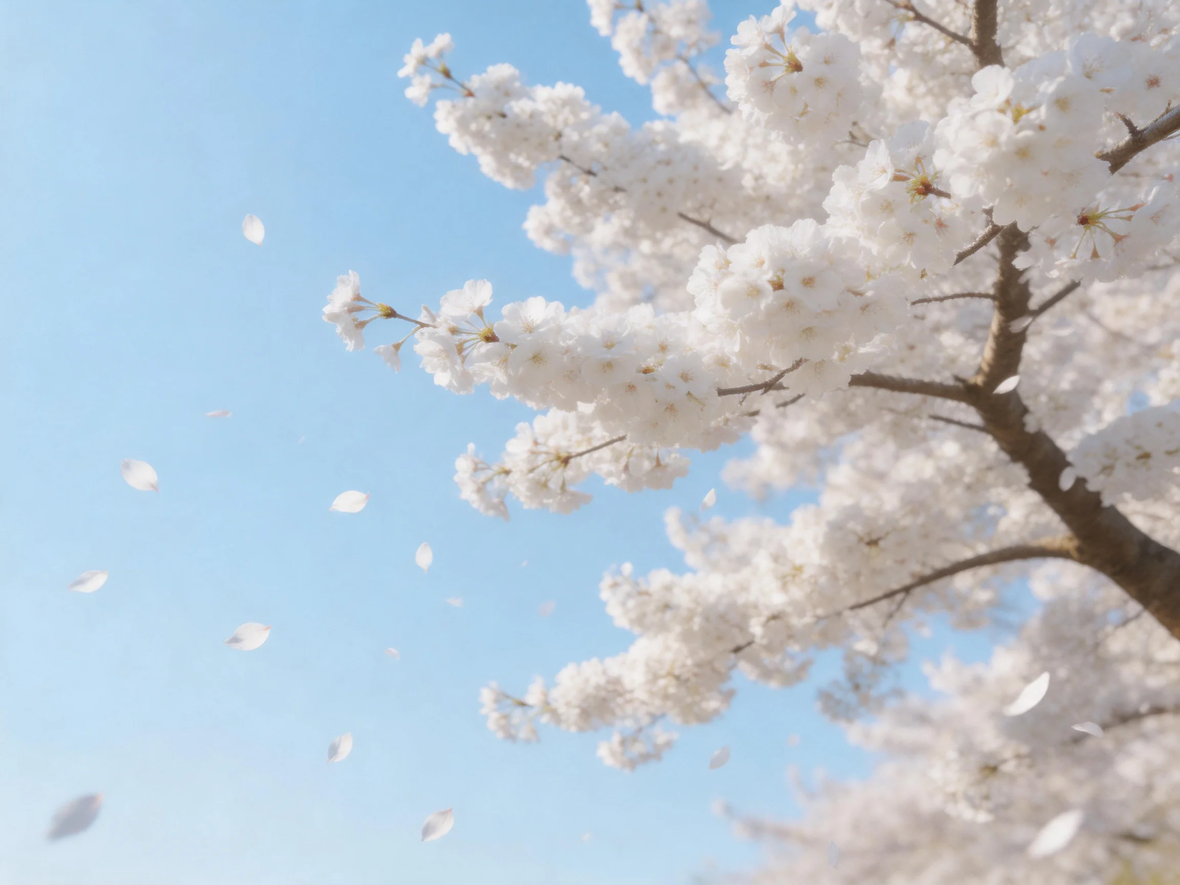 Cherry blossom branches with white blooms against clear blue sky