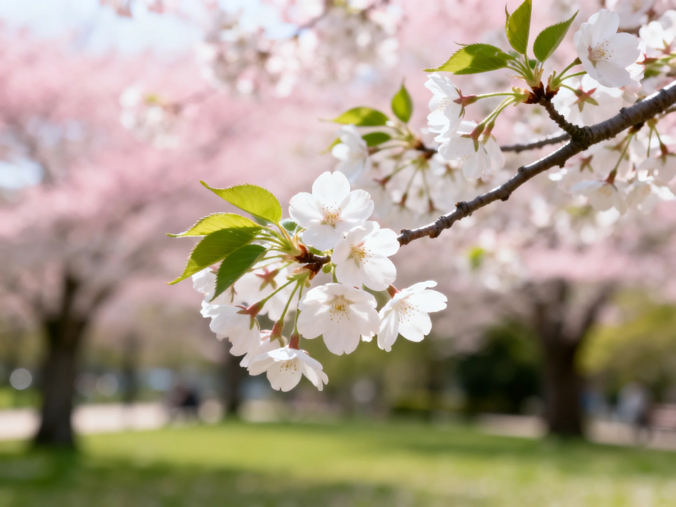 Cherry blossom branches with white blooms and pink - hued trees in a sunny park