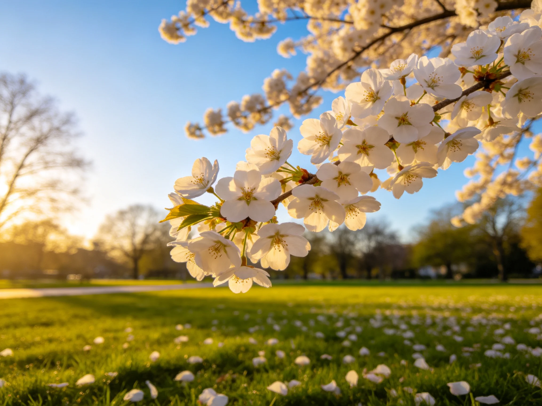 Cherry blossom branches with white blooms in a sunlit park