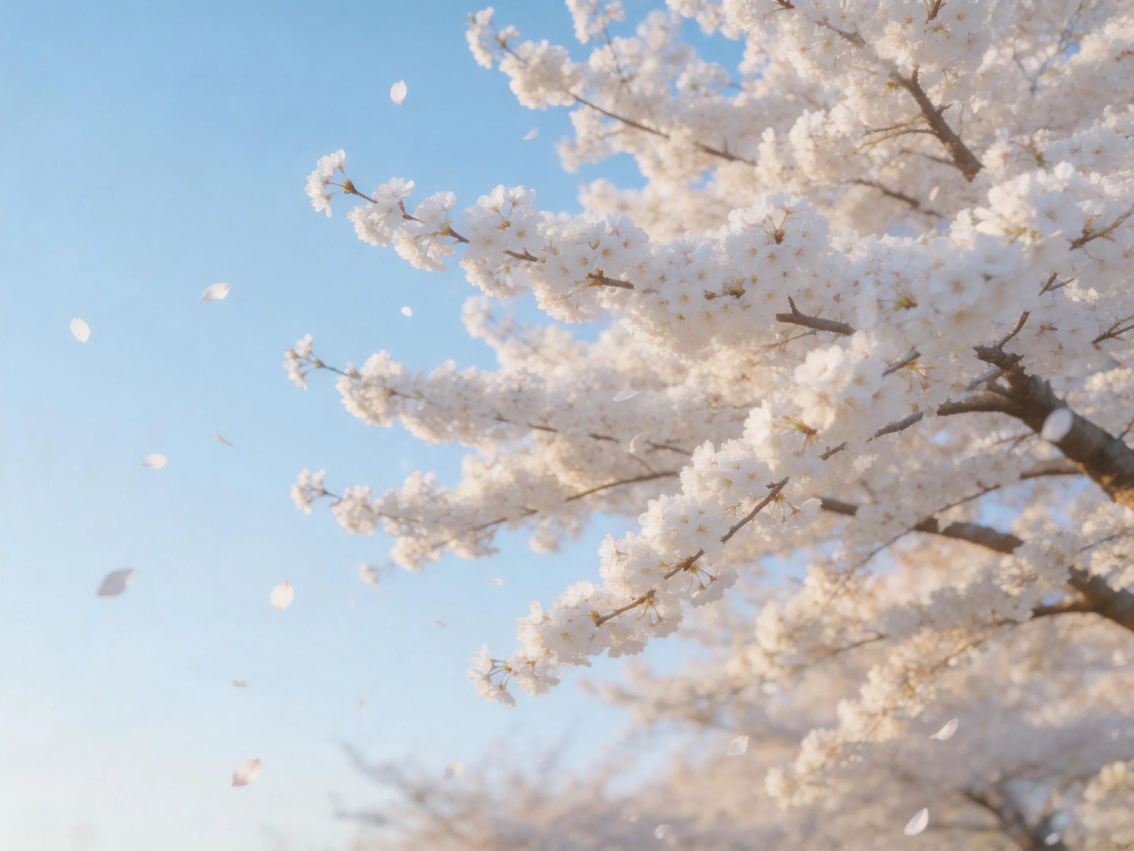 Cherry blossom branches with white blooms, petals floating in clear blue sky