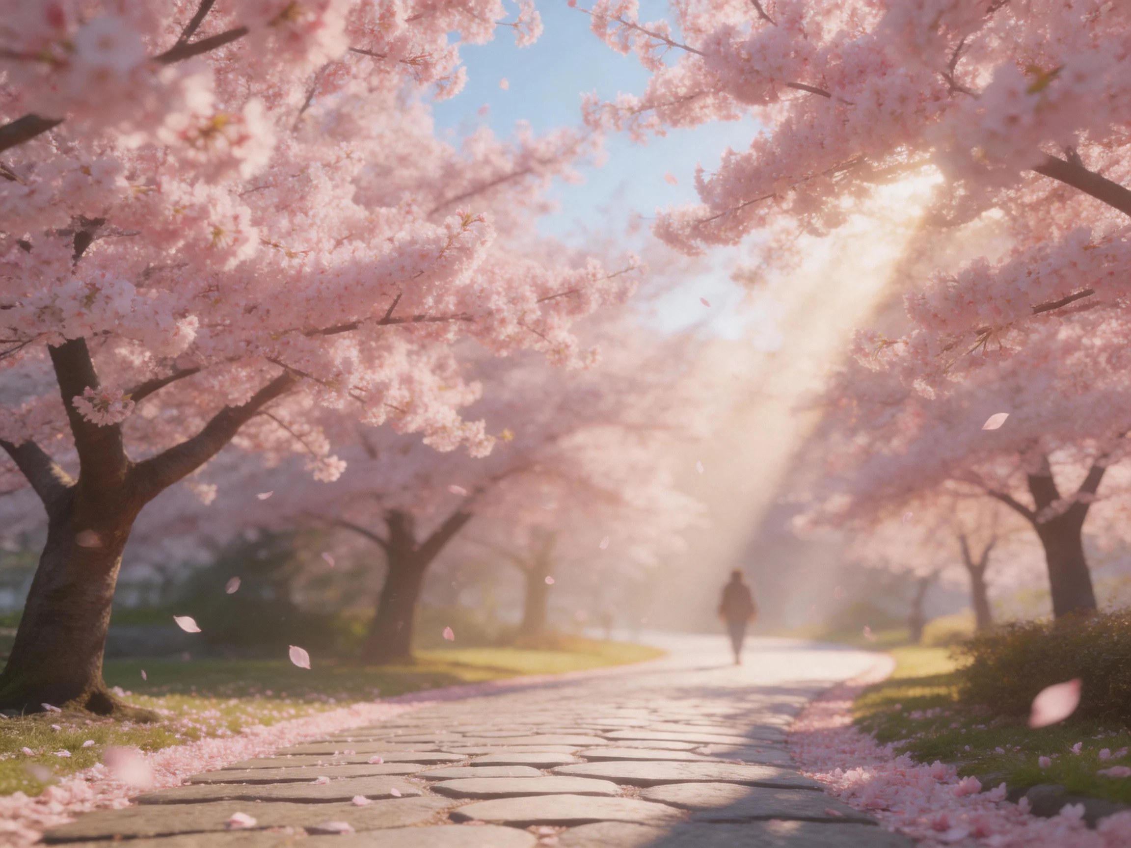 Cherry blossom-lined cobblestone path with pink petals and sunlight