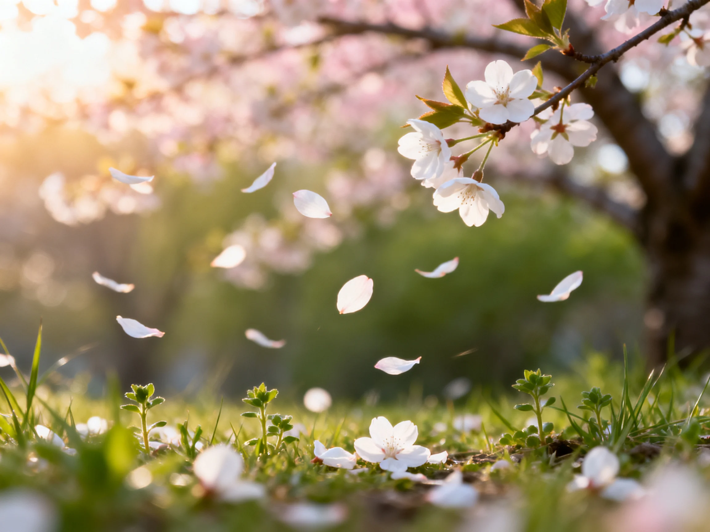 Cherry blossom petals drift over green grass near blooming trees