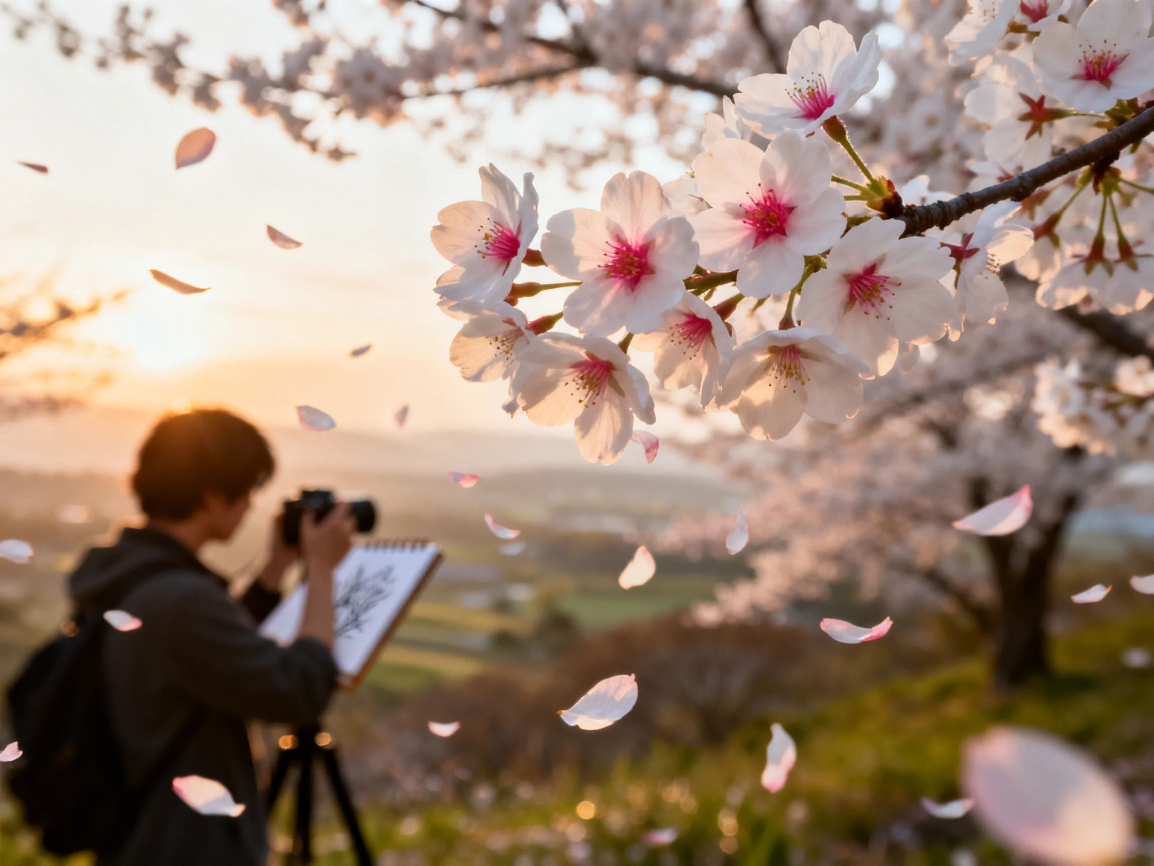 Cherry blossom petals float as a photographer sketches under warm sunset