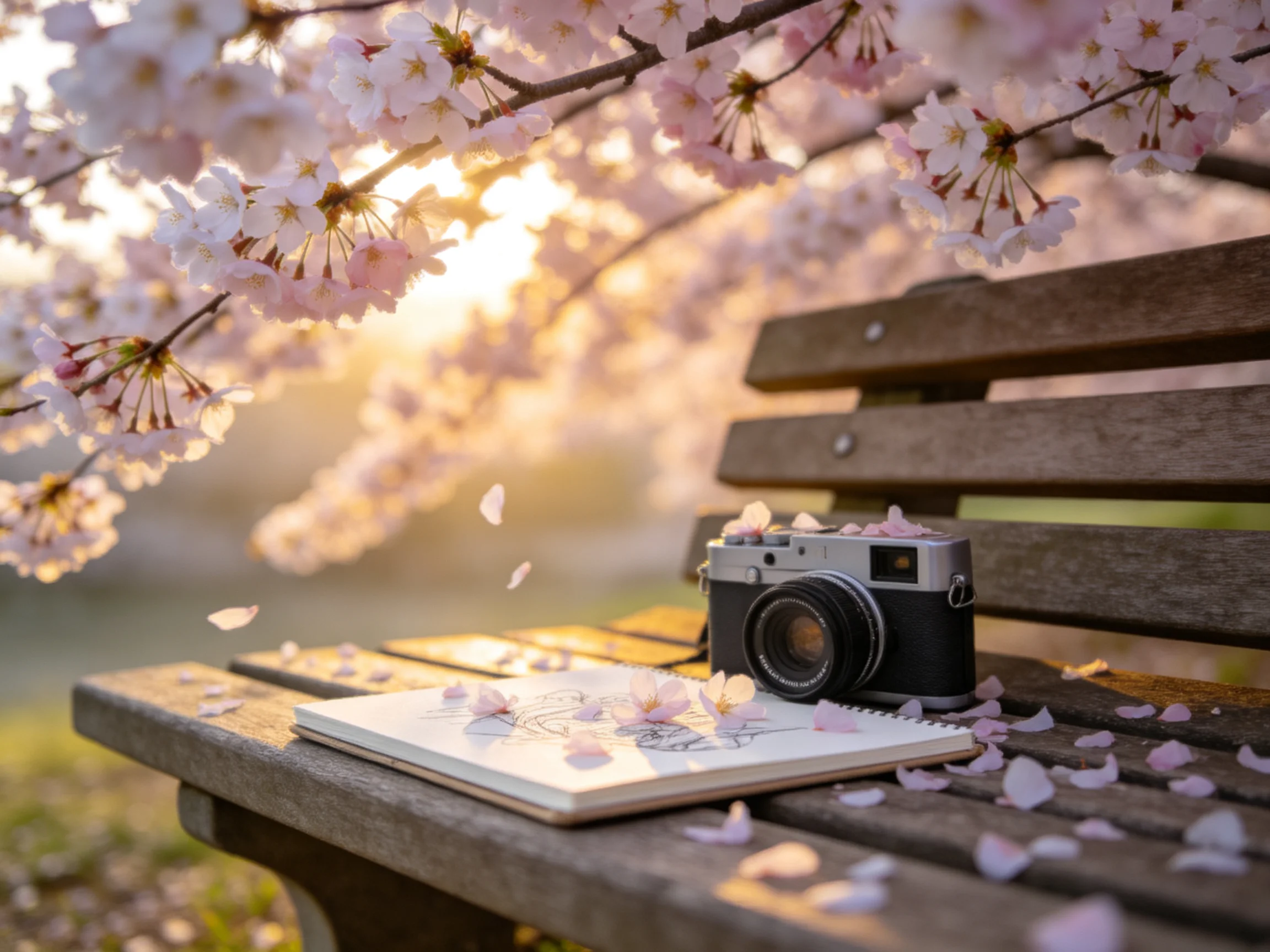 Cherry blossom petals scatter around a vintage camera on a wooden bench