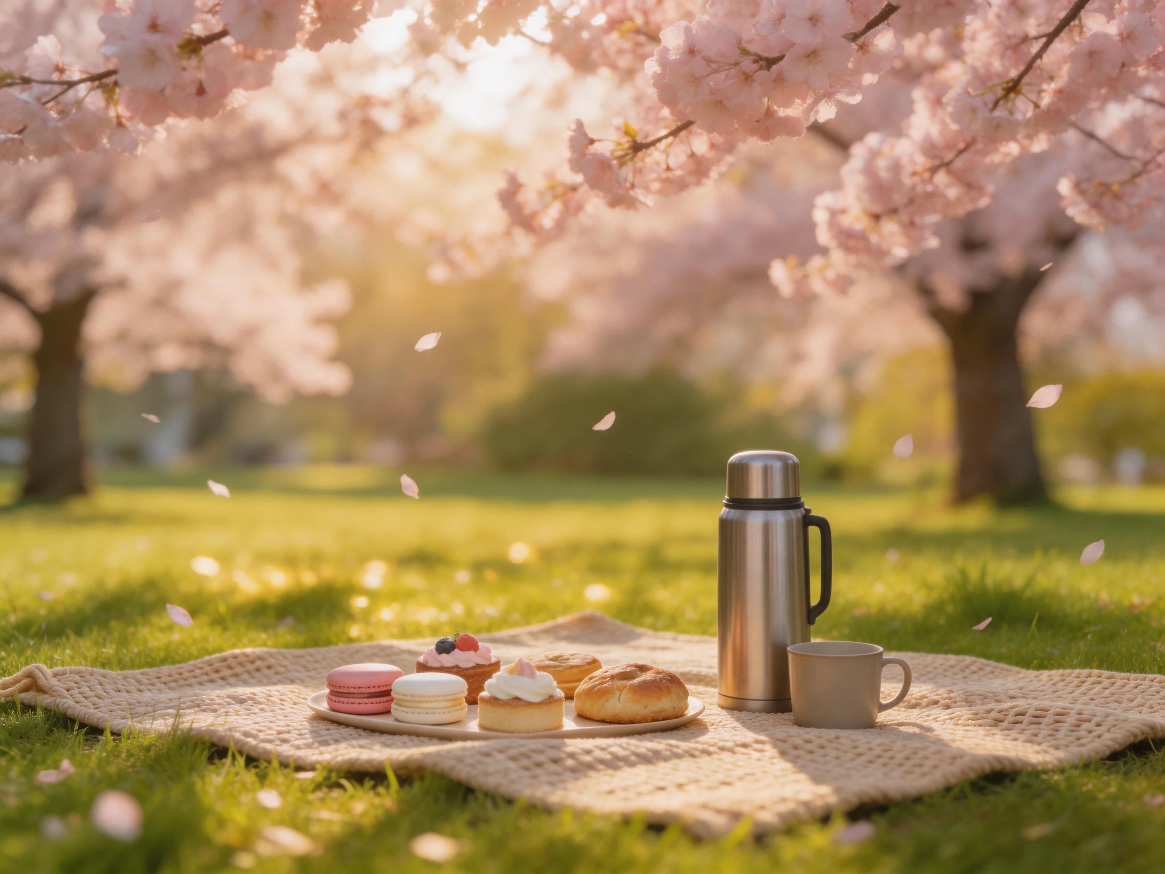 A picnic with pastries, thermos, and cup under blooming cherry blossom trees.