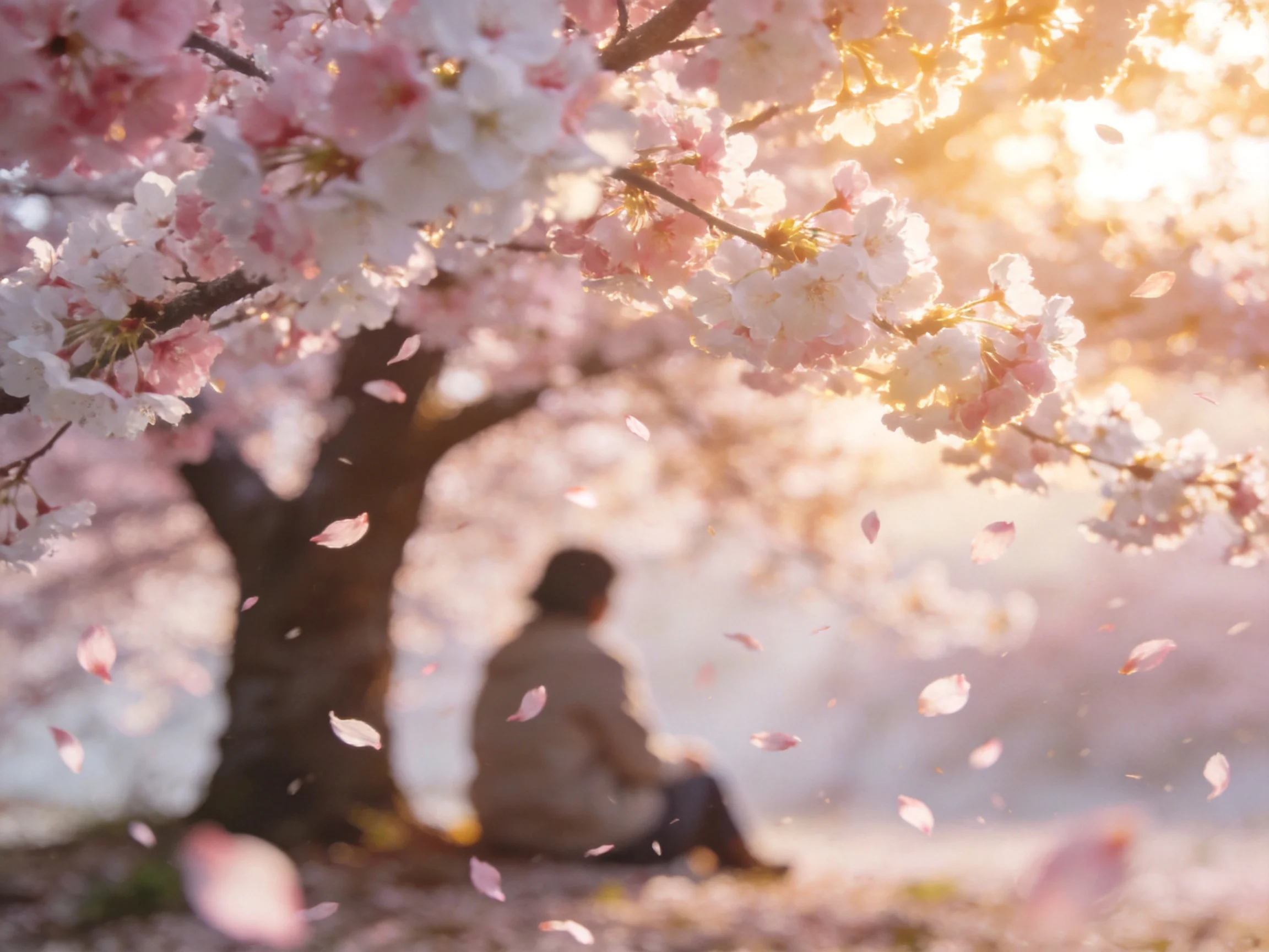 Cherry blossom tree with falling petals near a seated figure