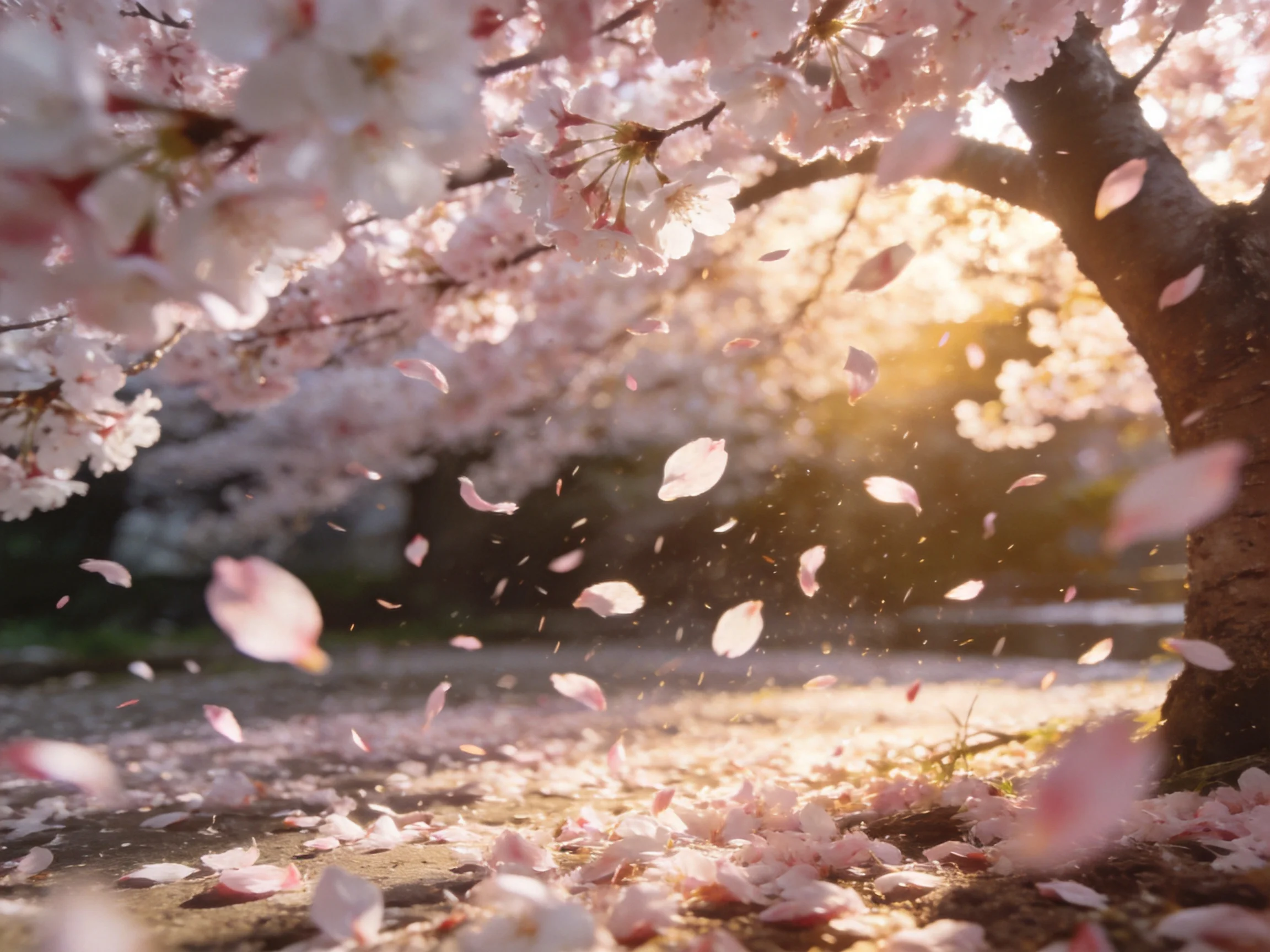 Cherry blossom tree with falling pink petals in golden sunlight