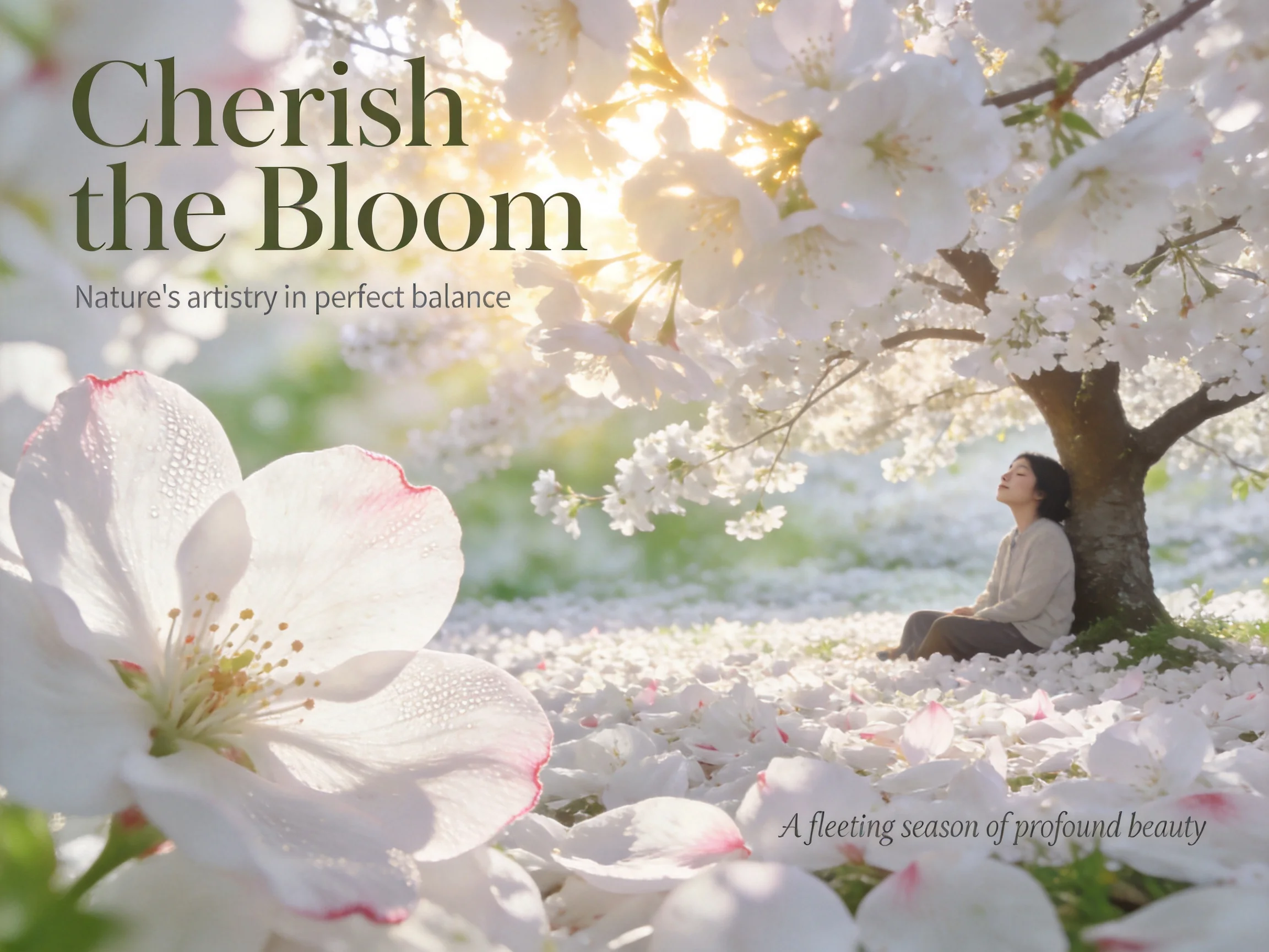 Cherry blossom tree with petals blanketing the ground near a seated individual