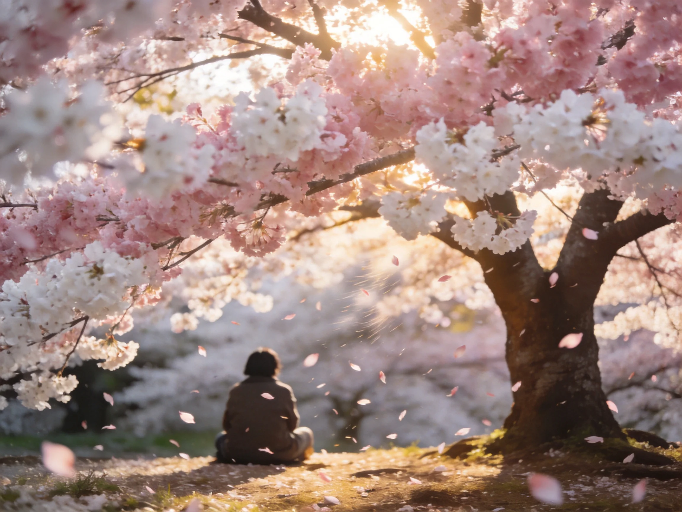 Cherry blossom tree with pink and white blooms, person seated beneath