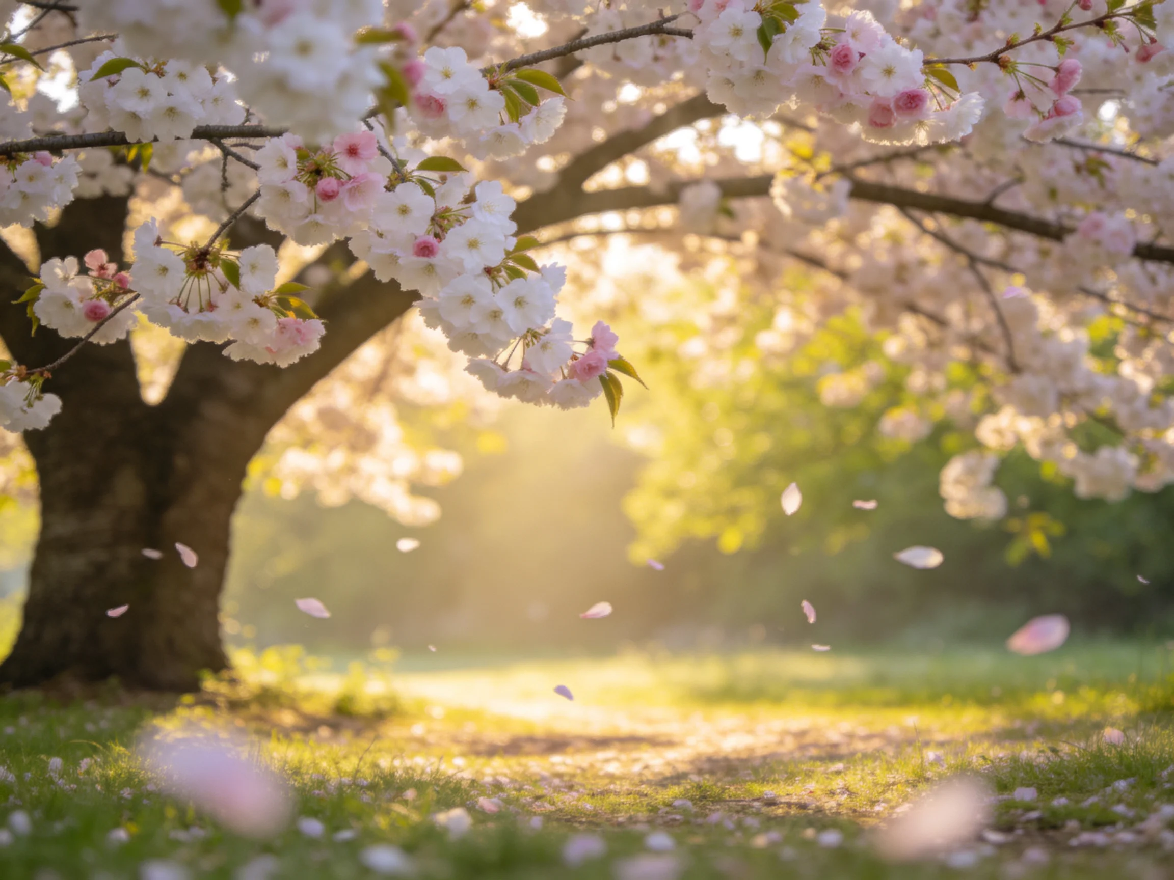 Cherry blossom tree with pink and white blooms under golden sunlight