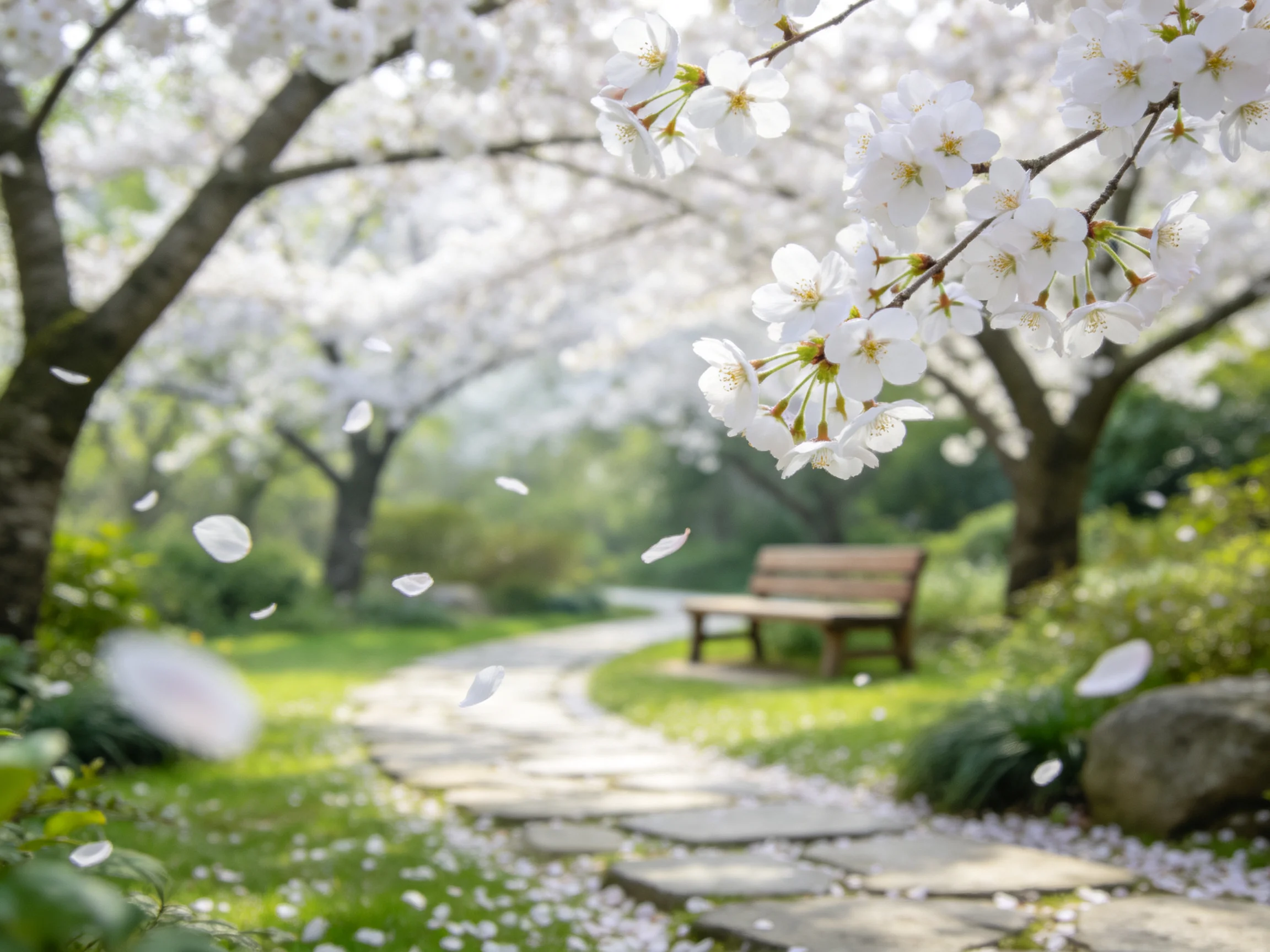 Cherry blossom trees adorn a park’s stone path near a wooden bench
