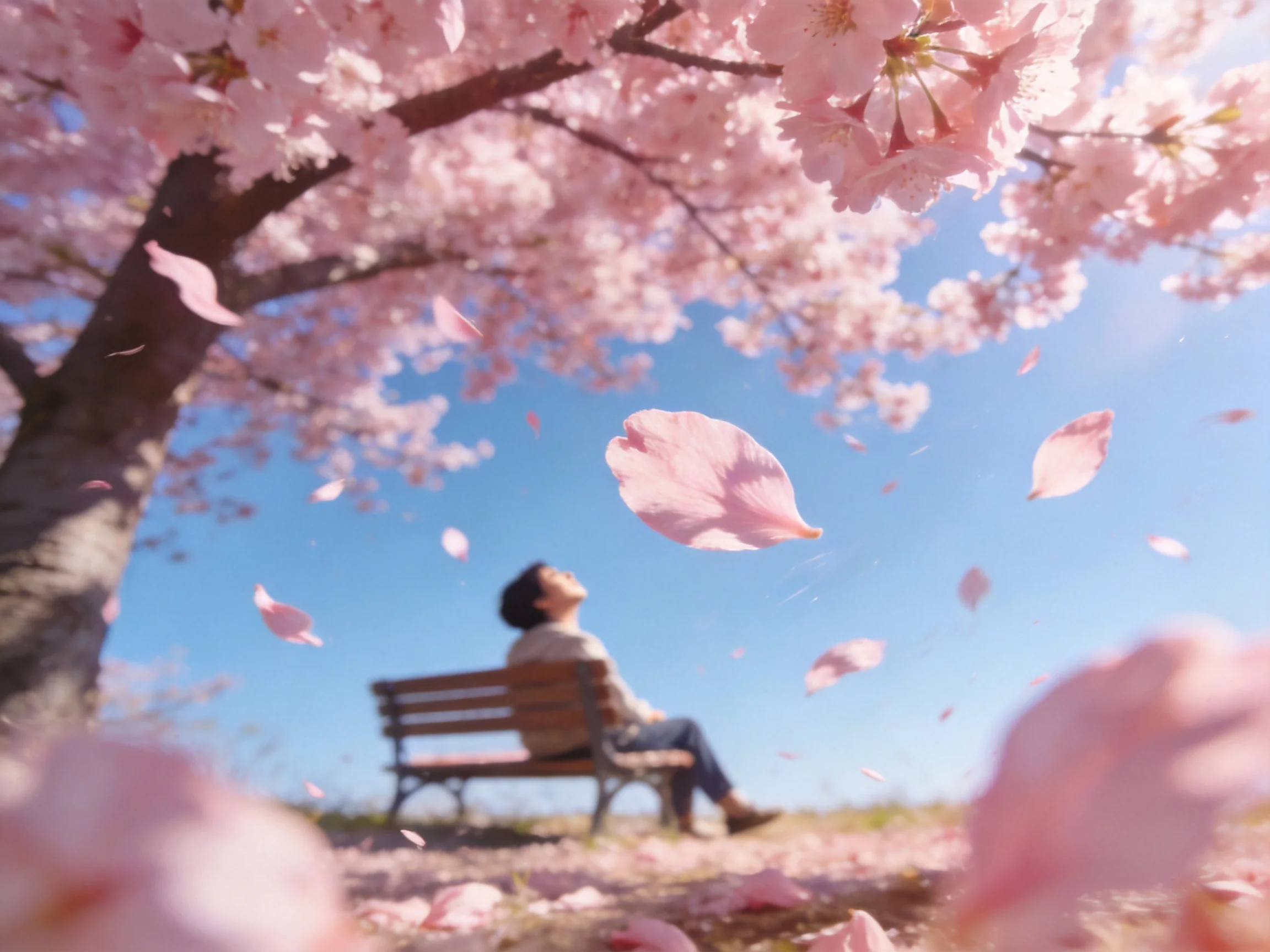 Cherry blossom trees bloom abundantly with falling petals near a seated individual.