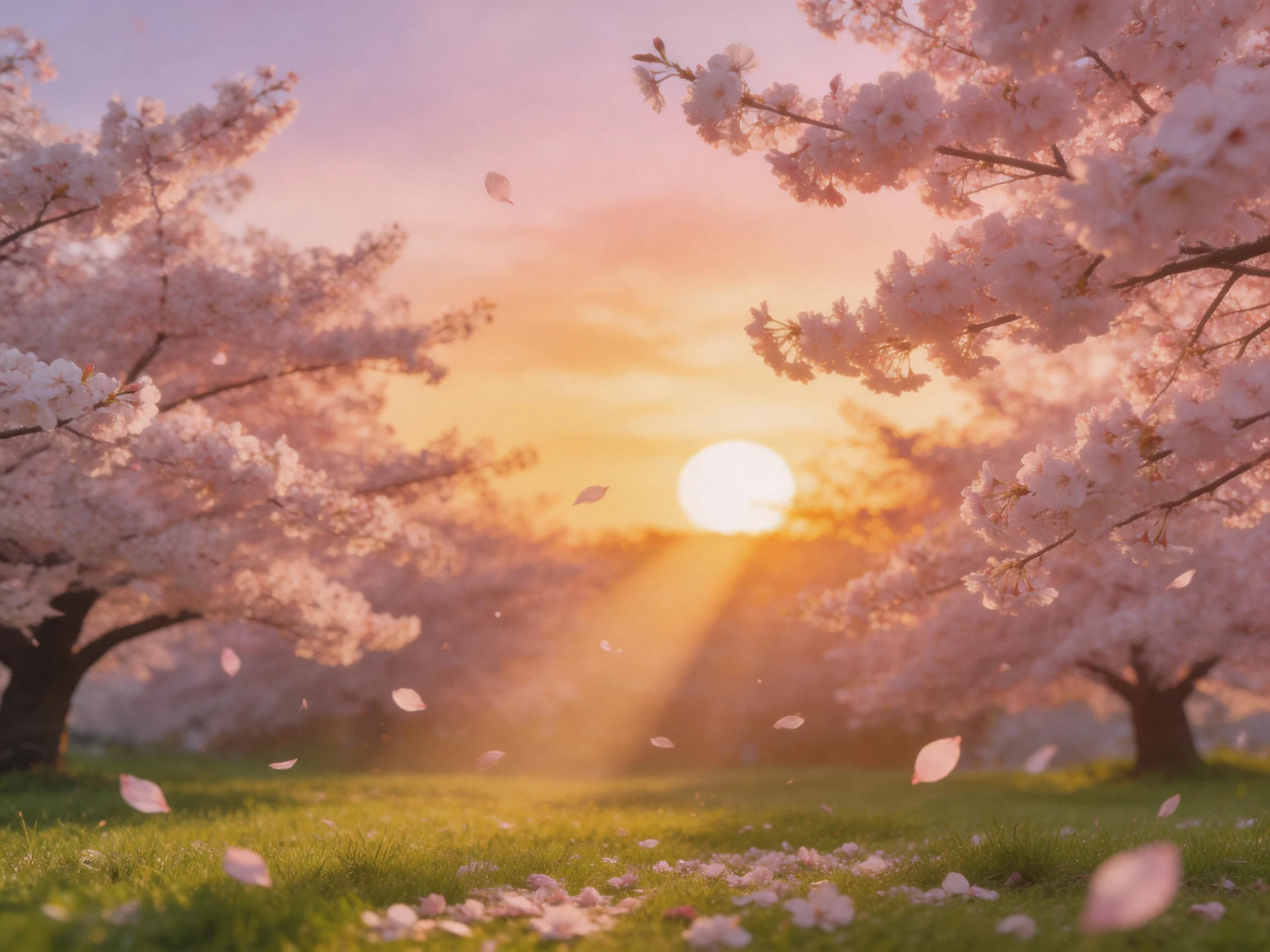 Cherry blossom trees bloom under golden sunset with scattered petals