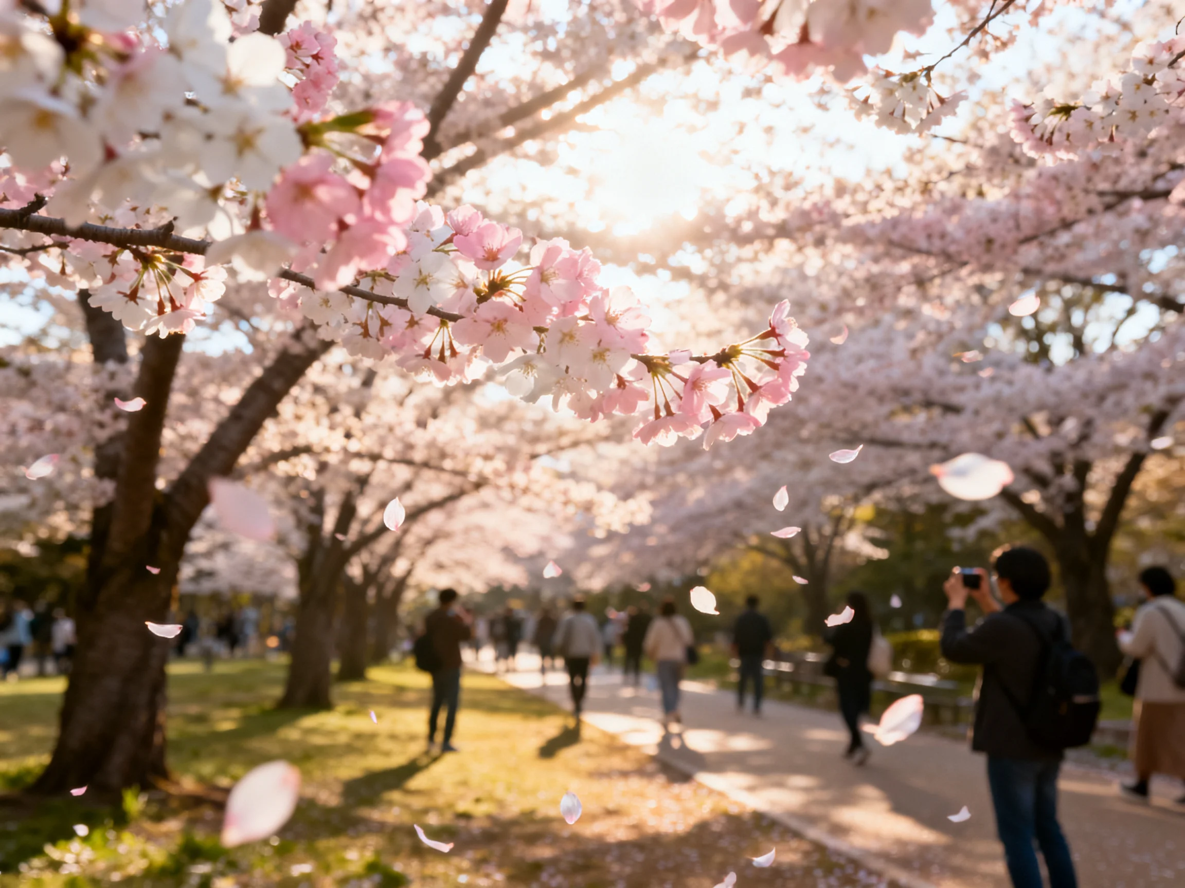 Cherry blossom trees bloom vibrantly along a sunlit pathway