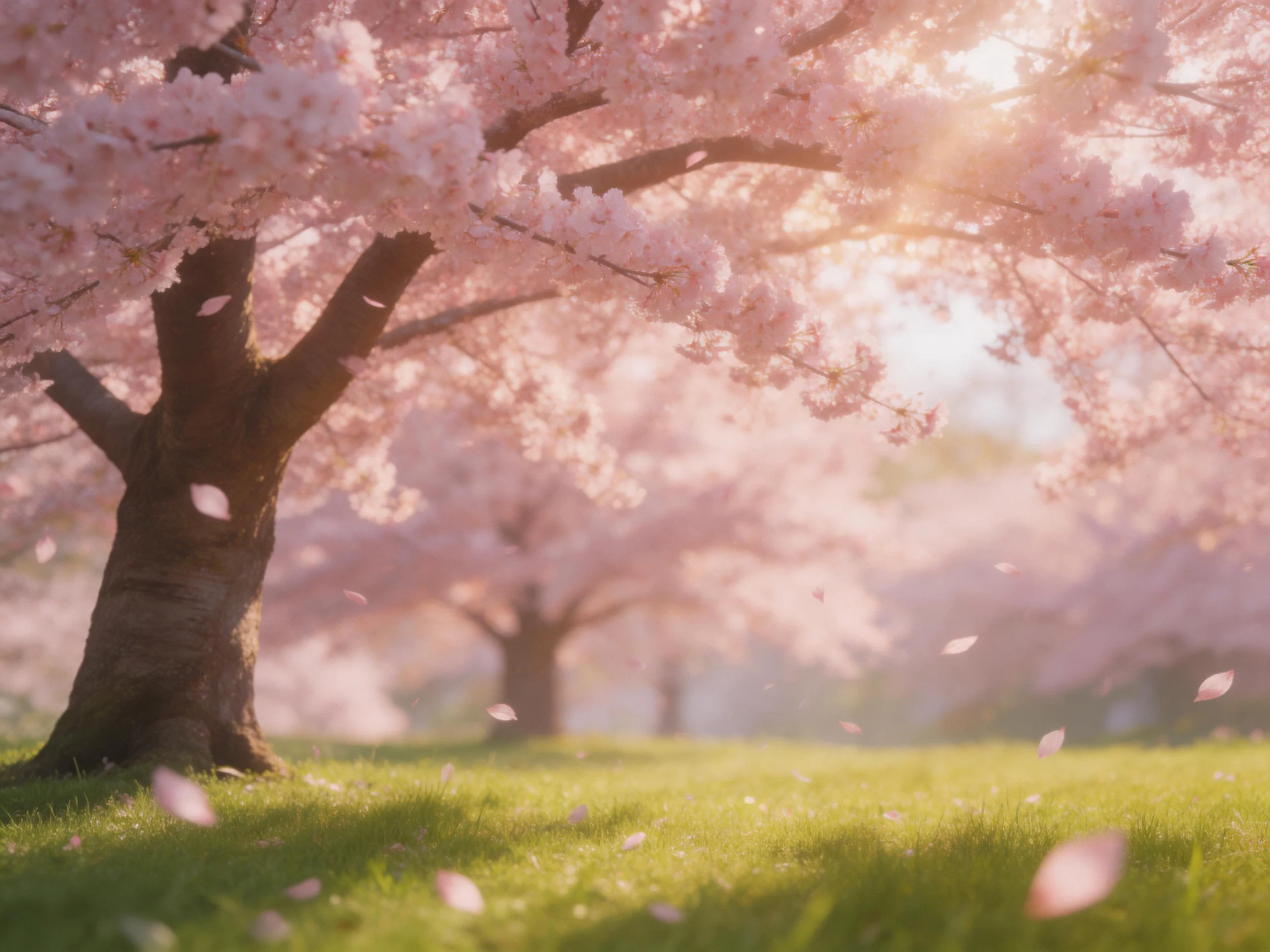 Cherry blossom trees bloom vibrantly over lush green grass with golden sunlight.