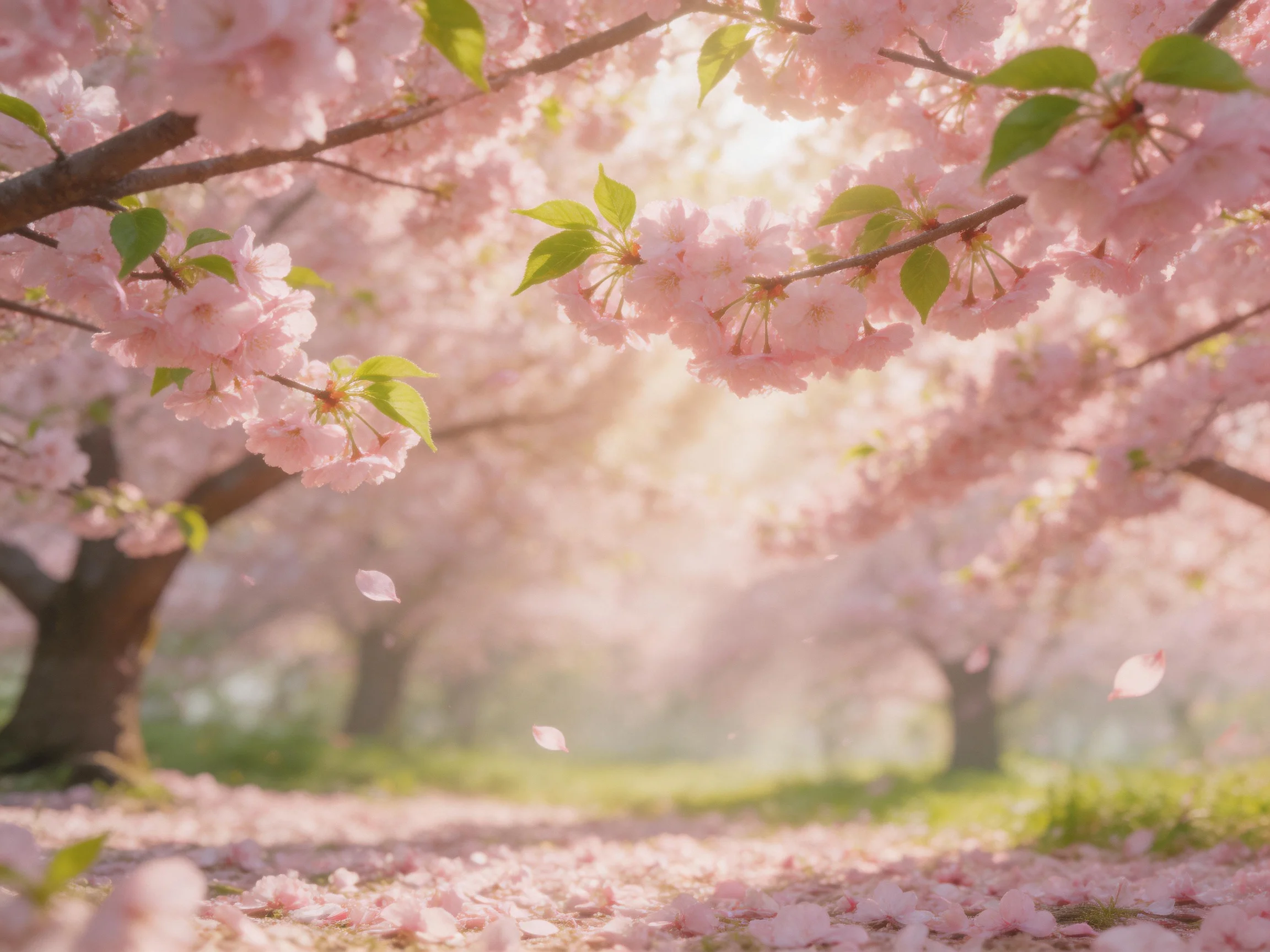 Cherry blossom trees bloom with soft pink flowers under golden sunlight
